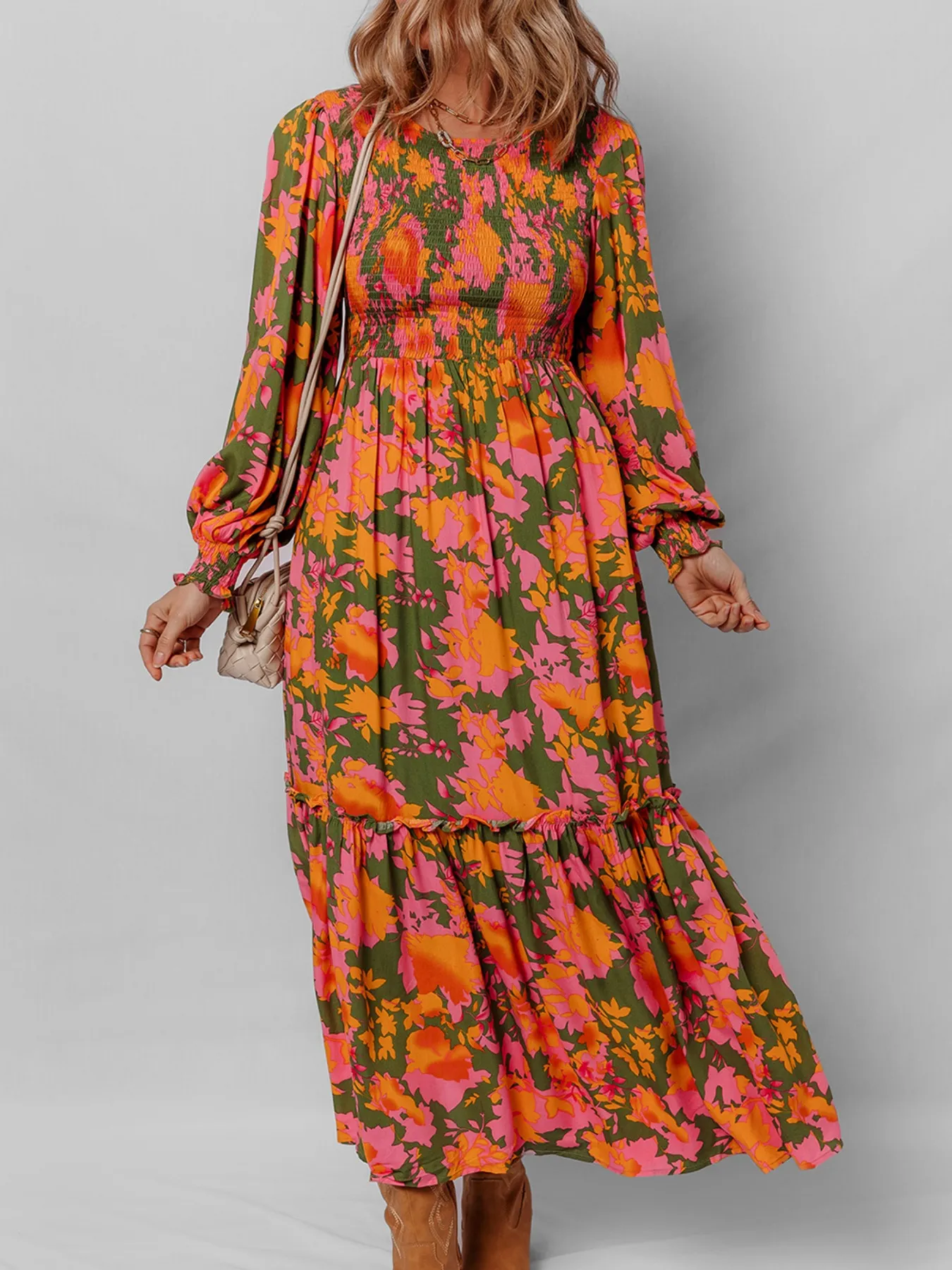 Smocked Floral Print Long Sleeve Maxi Dress - Image 5