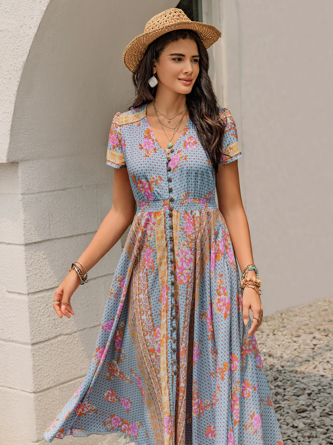 Smocked Floral V-Neck Short Sleeve Midi Dress - Image 2