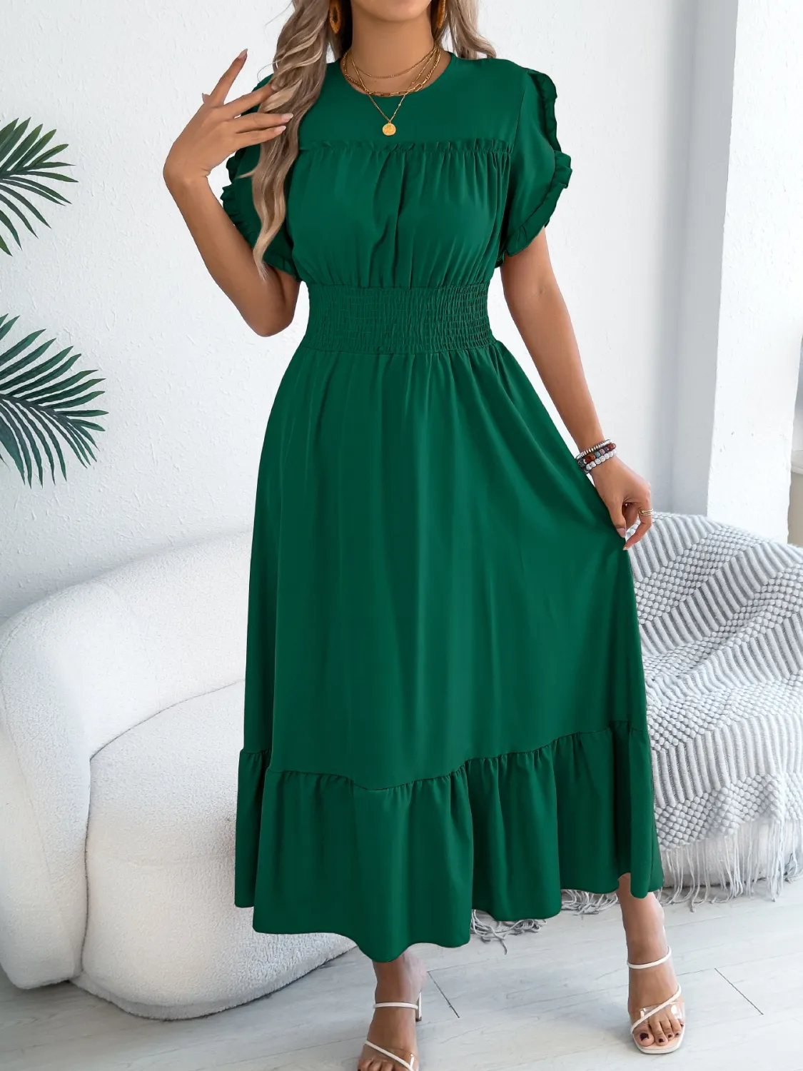 Smocked Frill Round Neck Midi Dress - Image 14