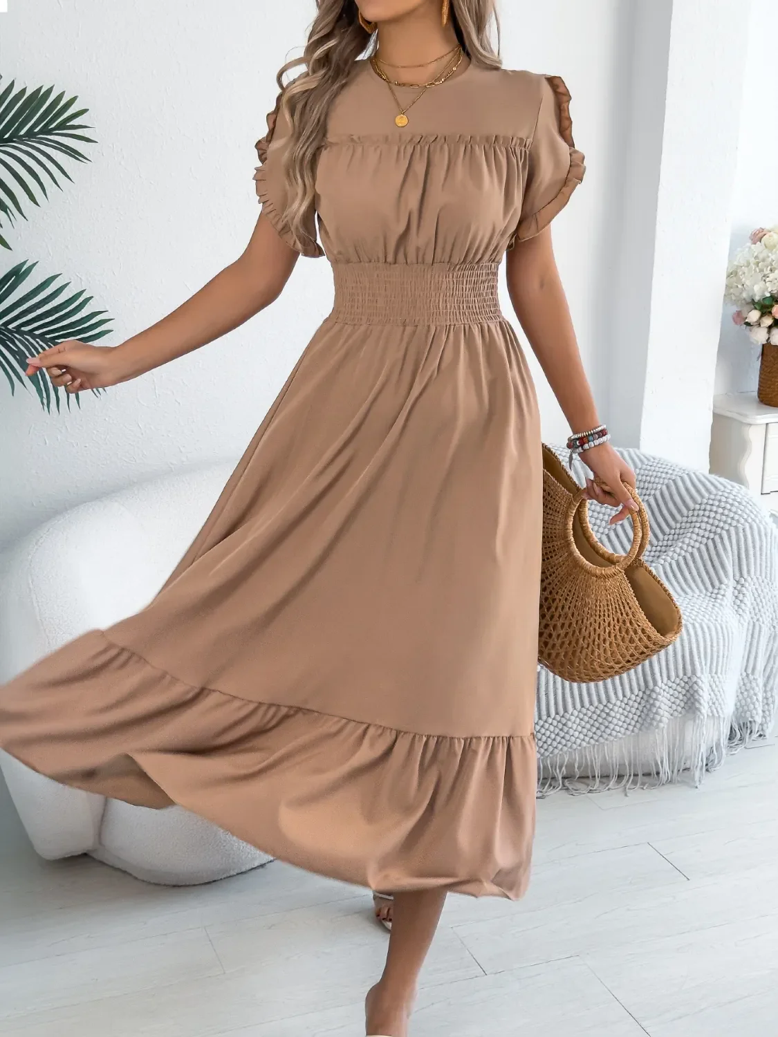 Smocked Frill Round Neck Midi Dress - Image 6
