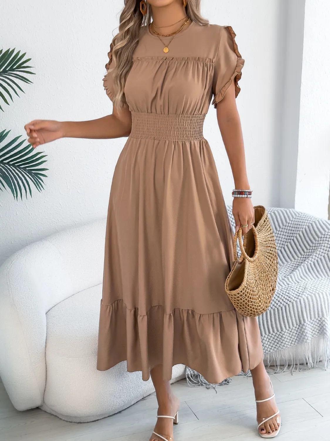 Smocked Frill Round Neck Midi Dress - Image 8