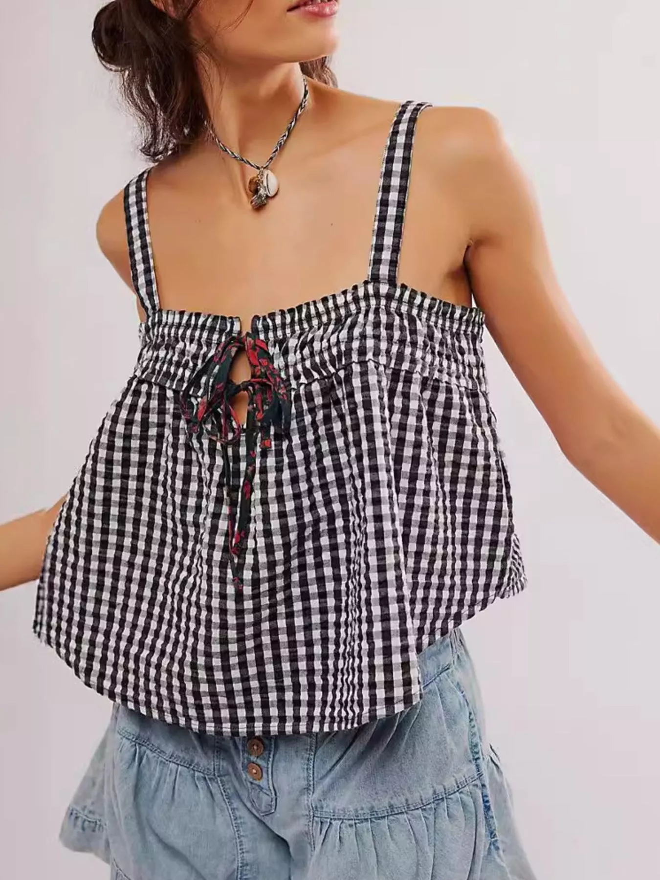 Smocked Gingham Tie-Front Cami - Image 4