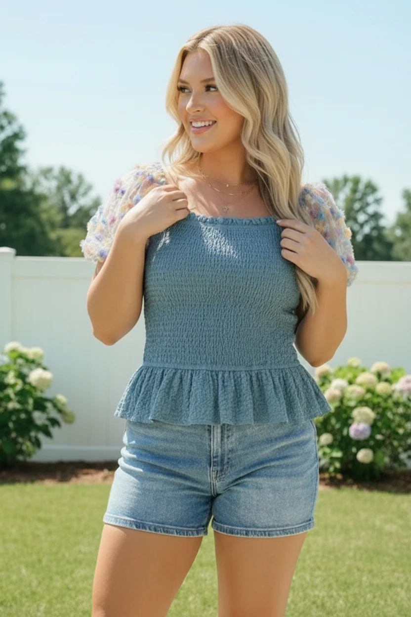 Smocked Peplum Top with Floral Puff Sleeves - Image 2