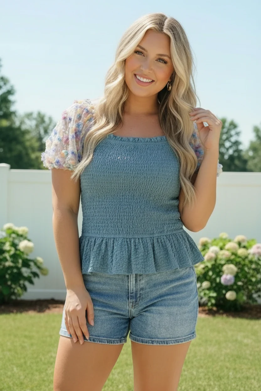 Smocked Peplum Top with Floral Puff Sleeves - Image 5