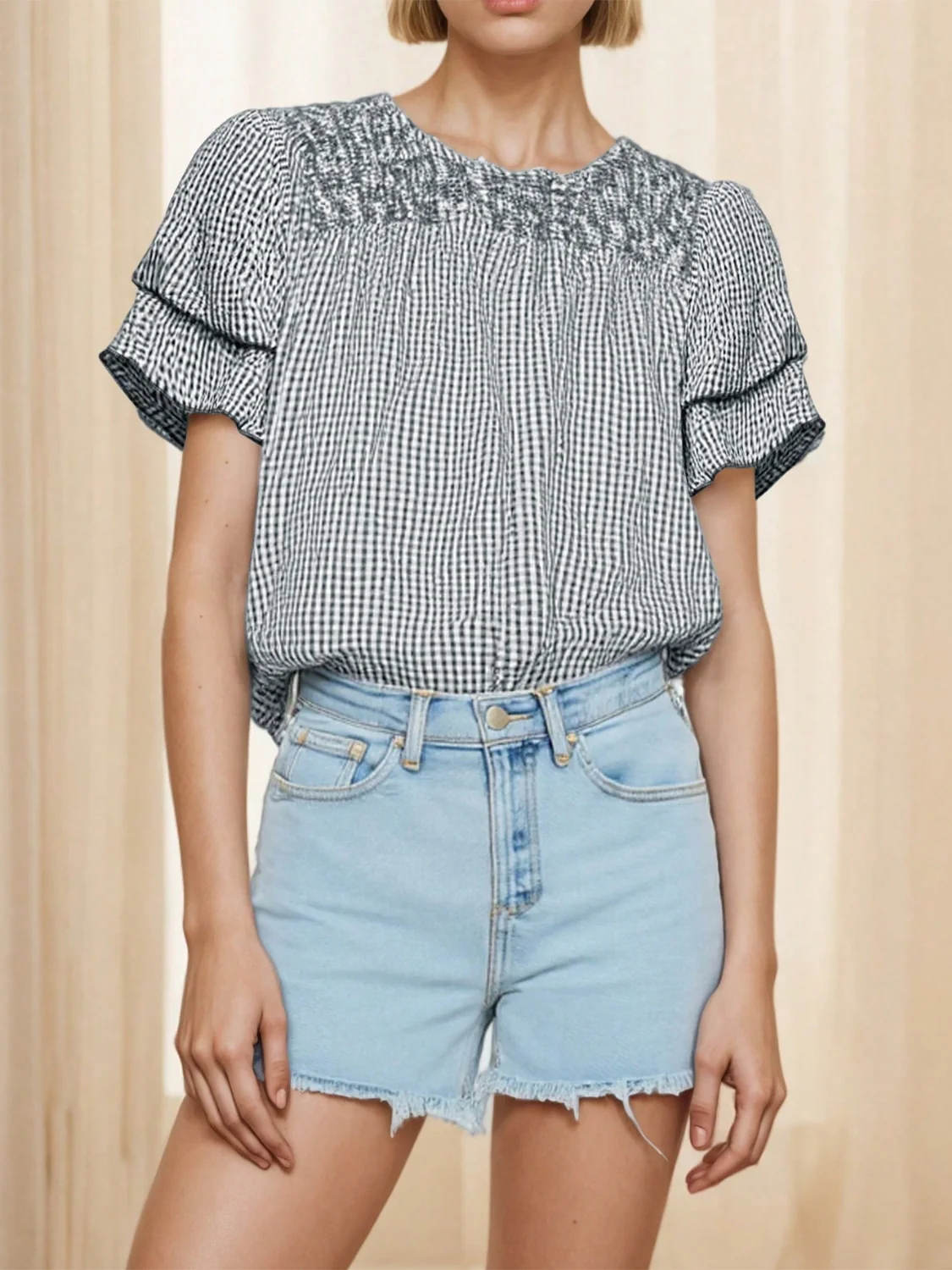 Smocked Plaid Round Neck Layered Short Sleeve Blouse - Image 2