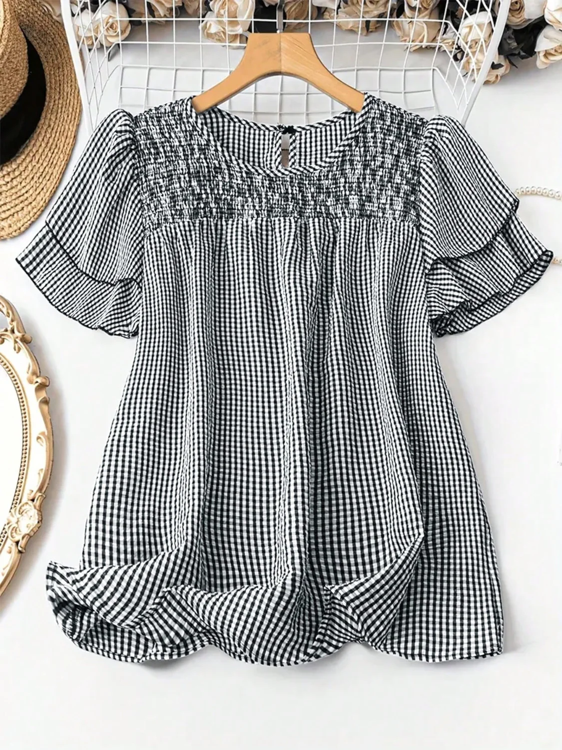 Smocked Plaid Round Neck Layered Short Sleeve Blouse - Image 3