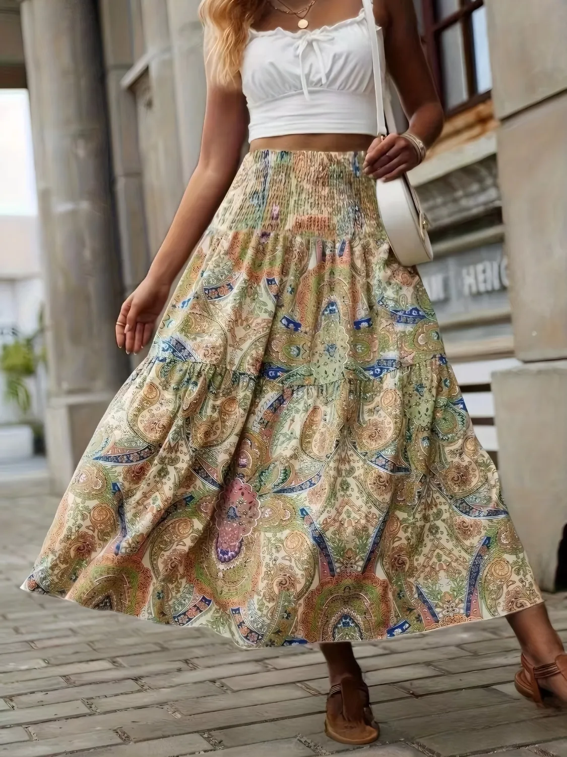 Smocked Printed High Waist Skirt - Image 2