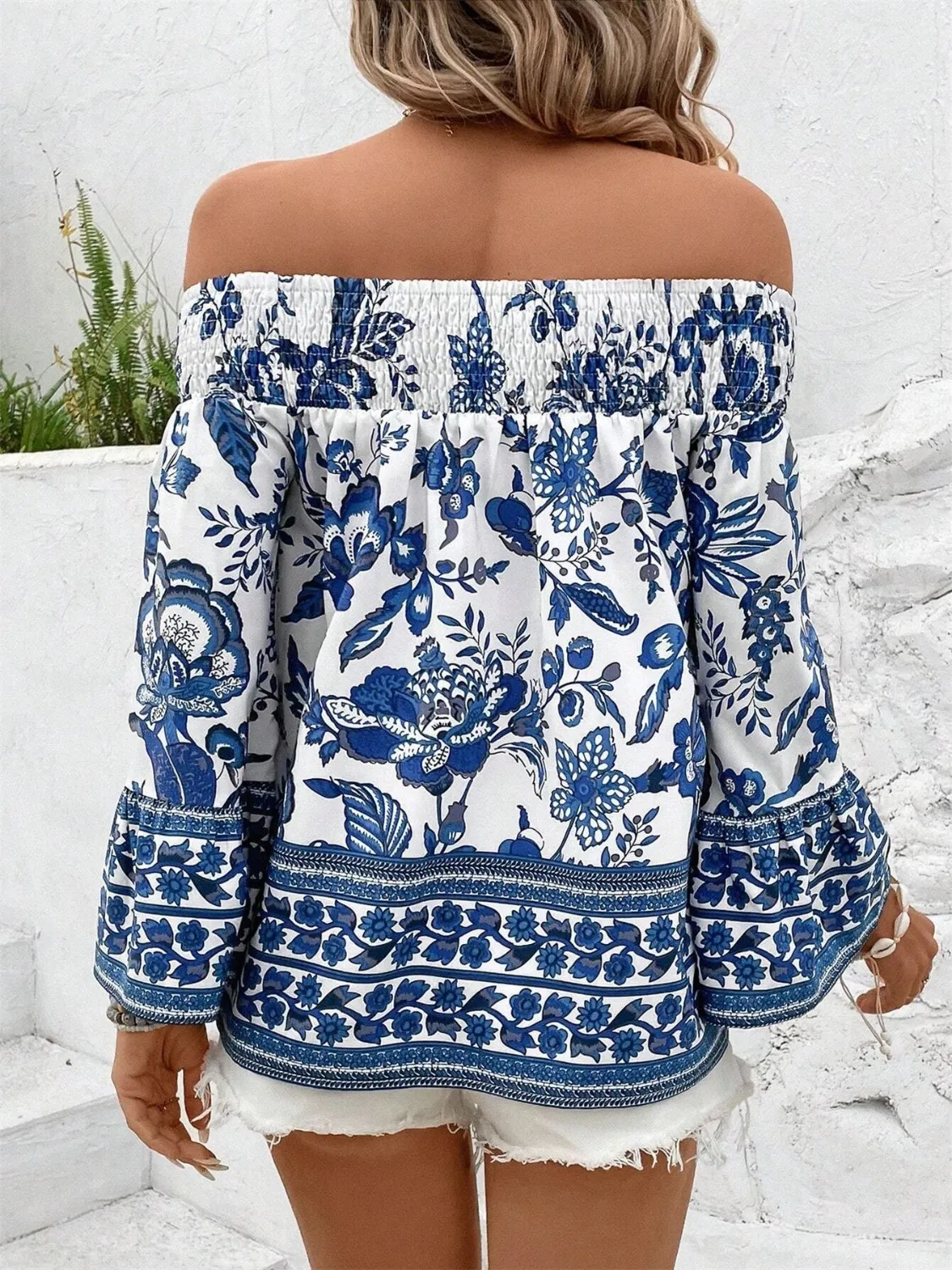 Smocked Printed Off-Shoulder Blouse - Image 5