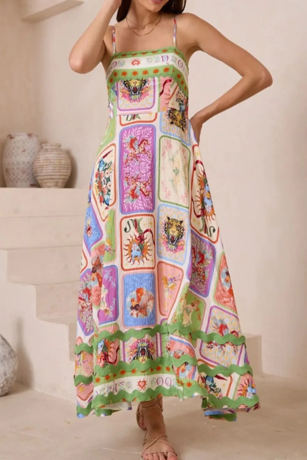Smocked Printed Square Neck Cami Dress - Image 2
