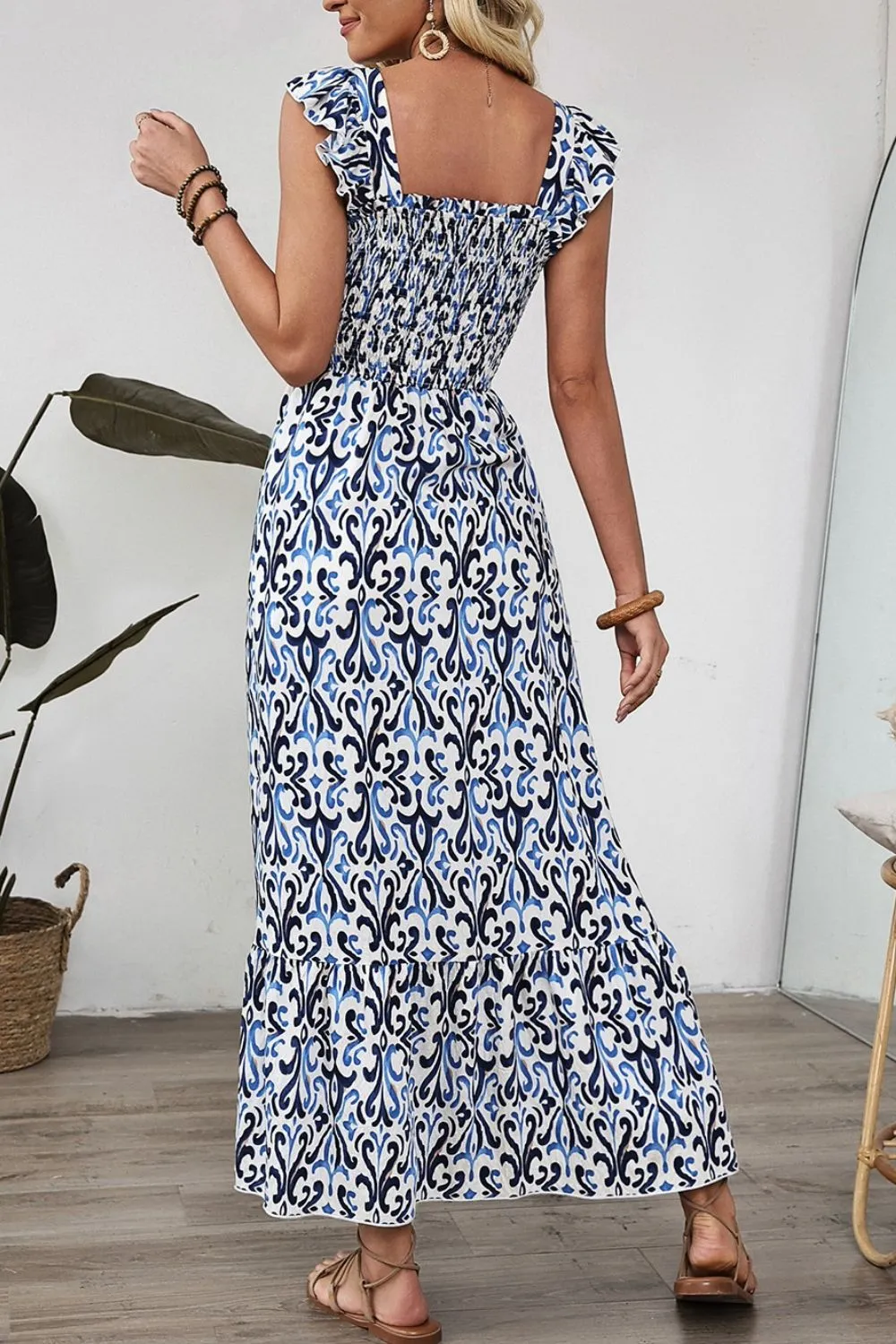 Smocked Printed Square Neck Dress - Image 2