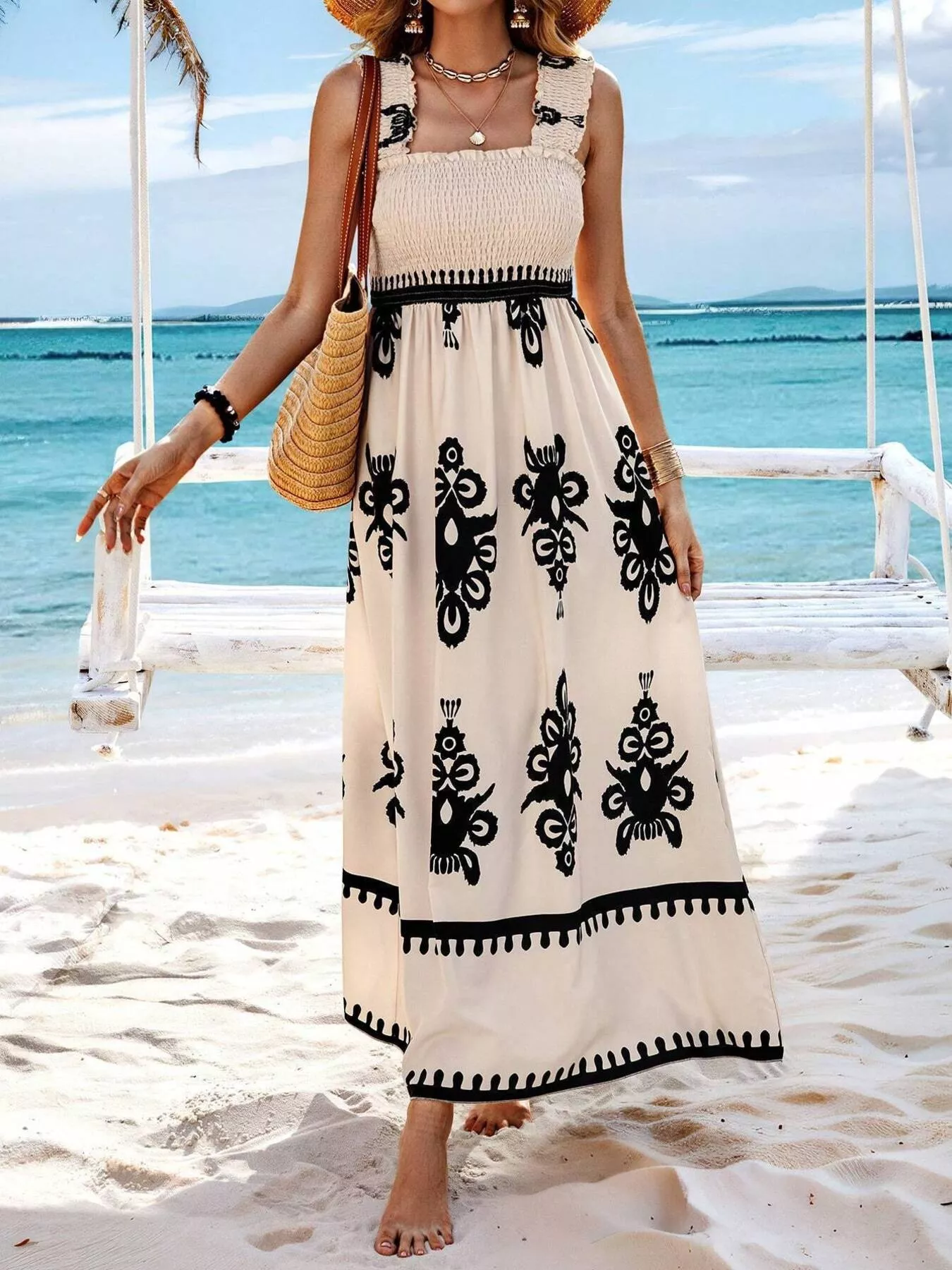 Smocked Printed Square Neck Maxi Dress - Image 19