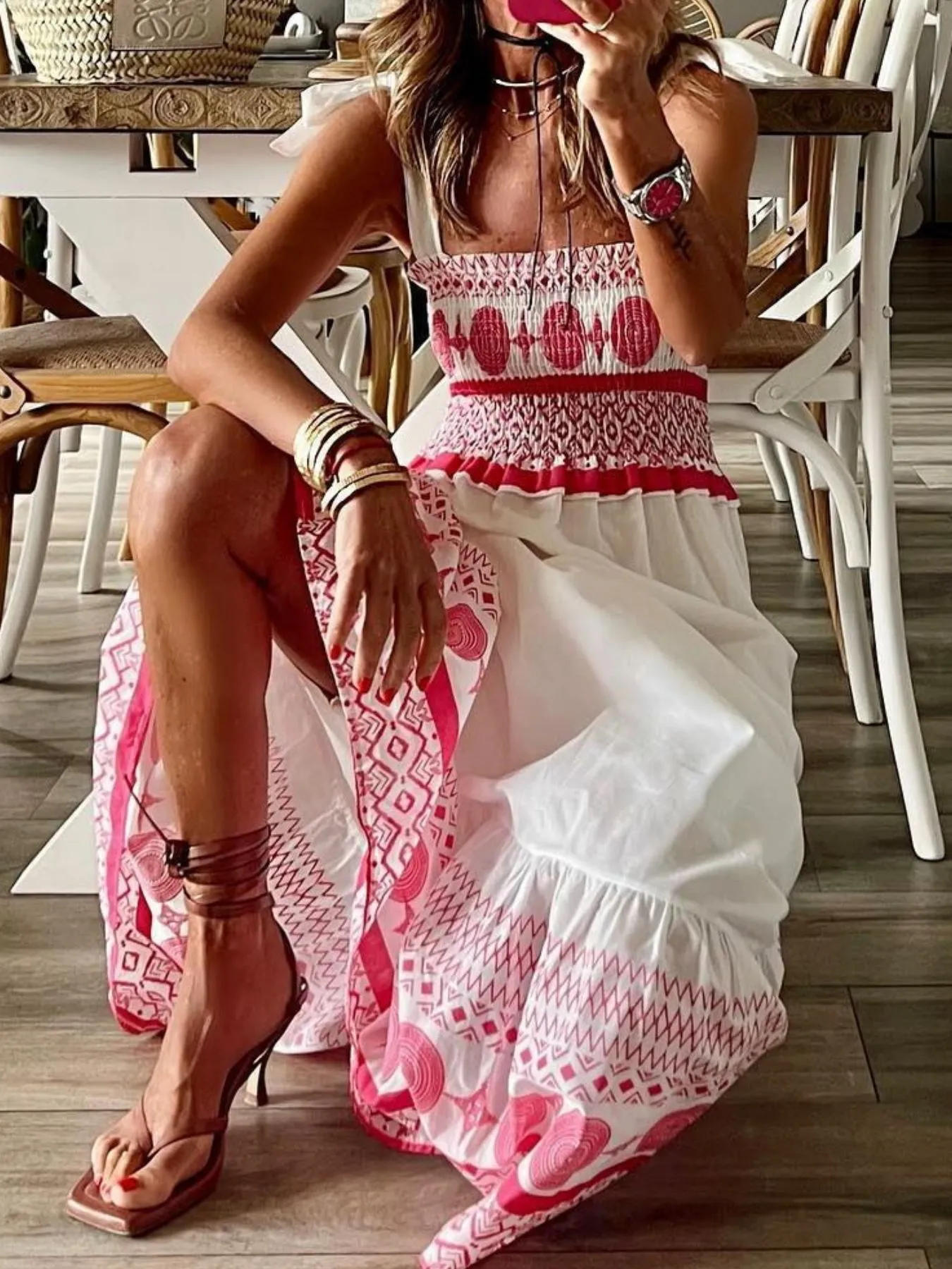 Smocked Printed Tie Shoulder Maxi Dress - Image 2