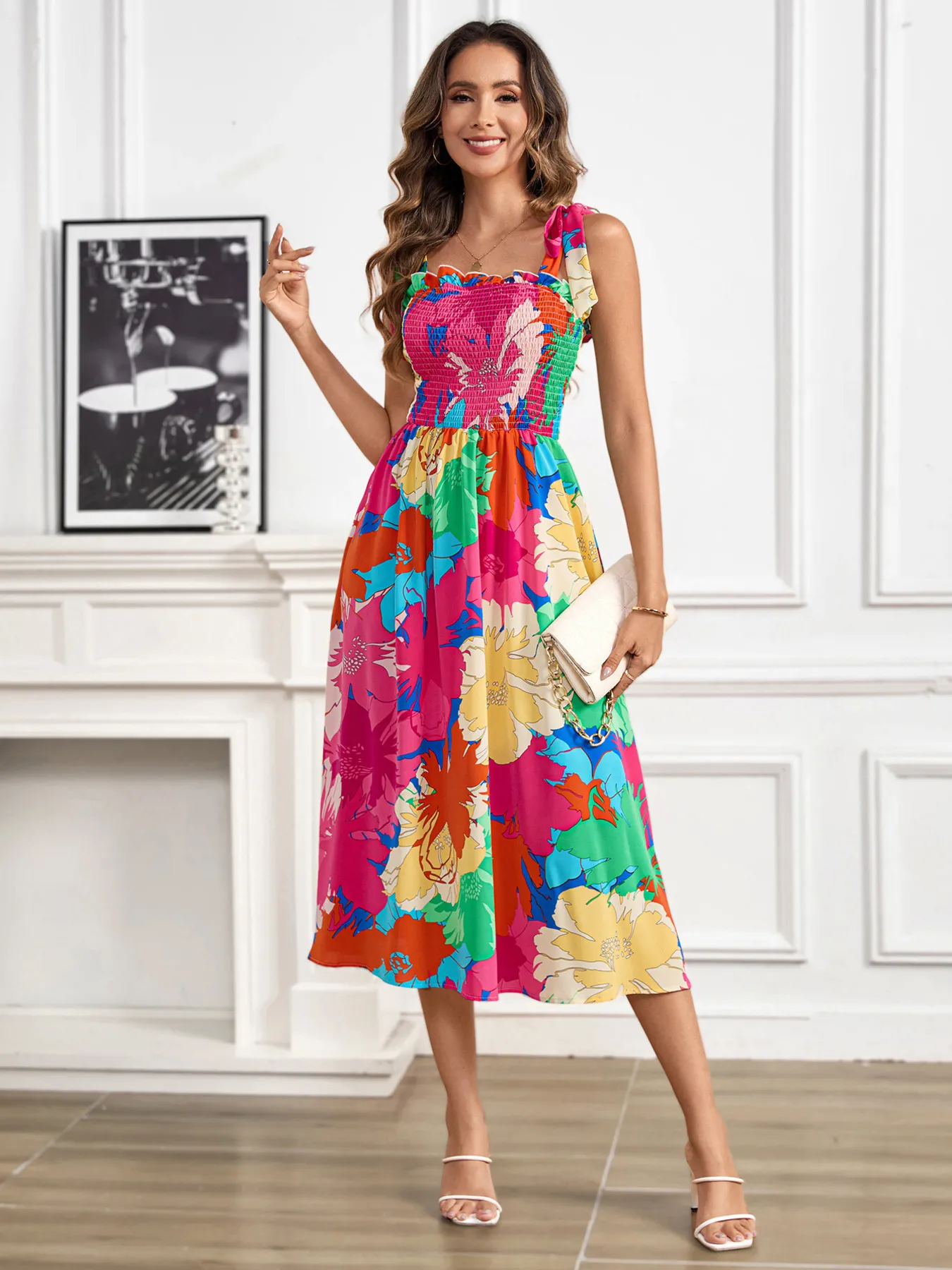 Smocked Printed Tie Shoulder Midi Dress - Image 6