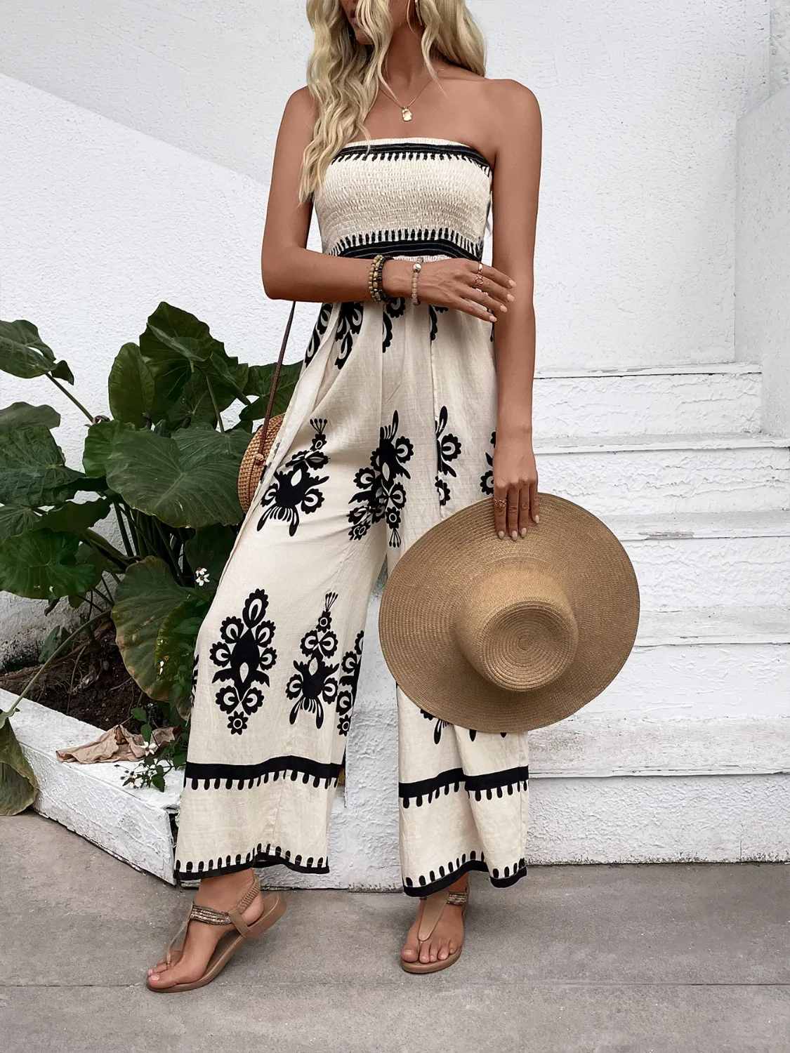 Smocked Printed Wide Leg Jumpsuit - Image 3