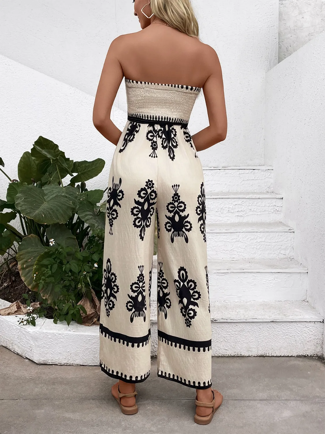 Smocked Printed Wide Leg Jumpsuit - Image 4