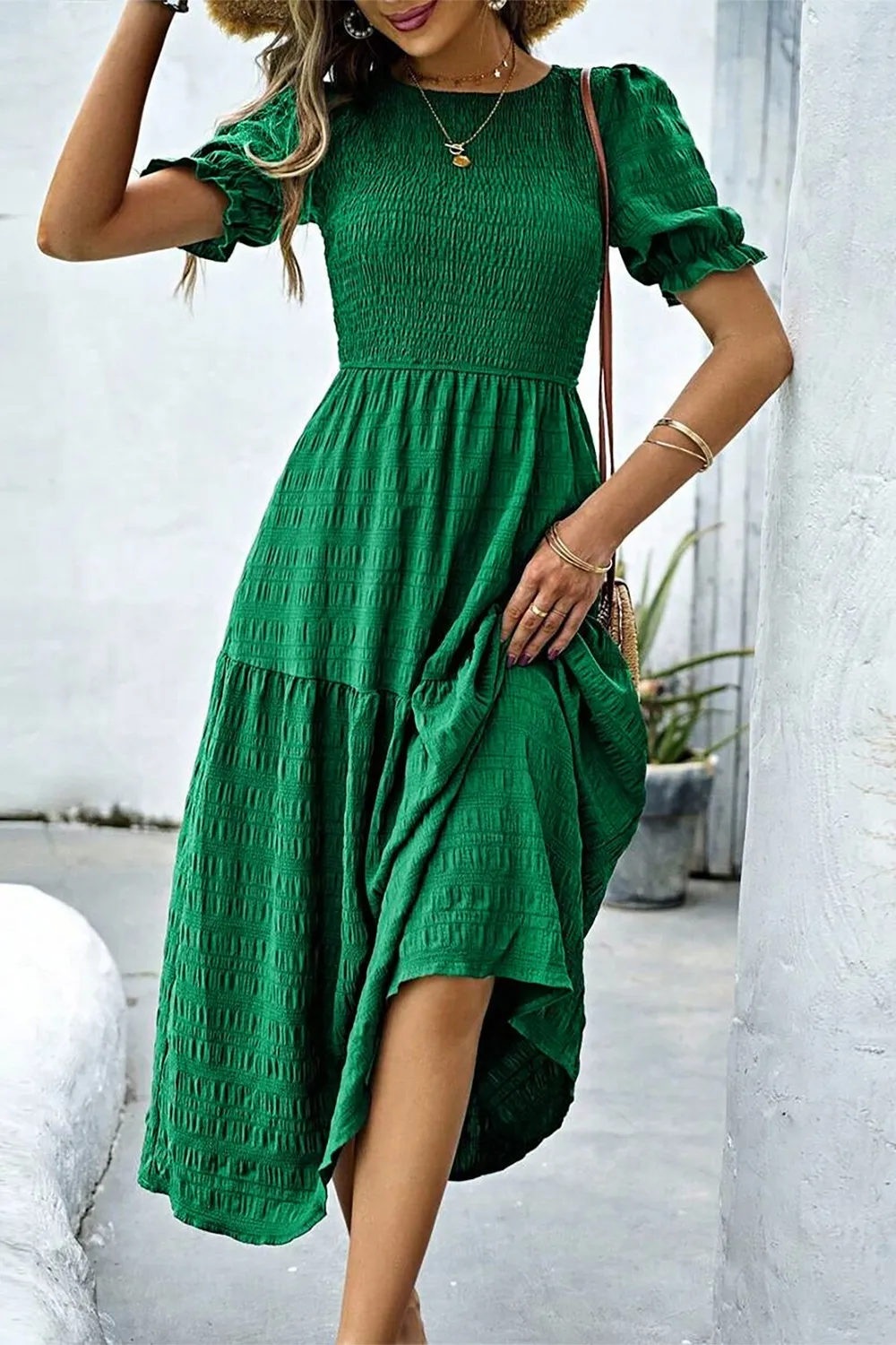 Smocked Puff Sleeve Midi Dress - Image 3