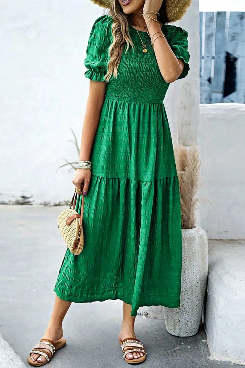 Smocked Puff Sleeve Midi Dress - Image 5