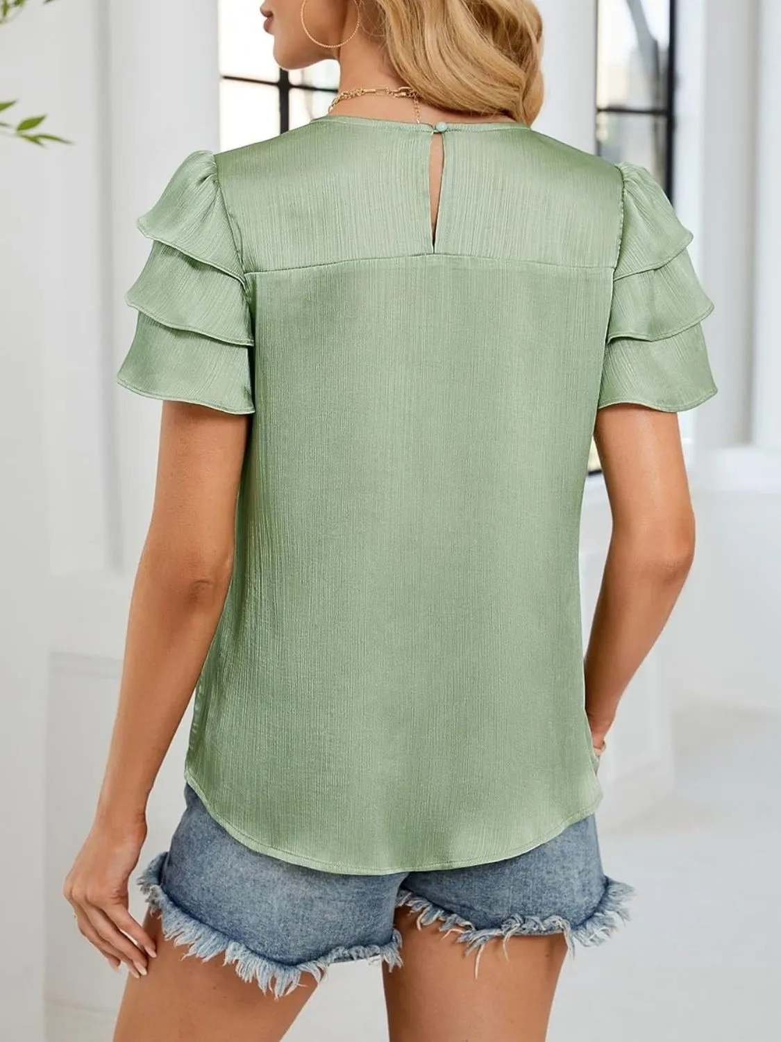 Smocked Round Neck Ruffled Layered Sleeve Blouse - Image 11