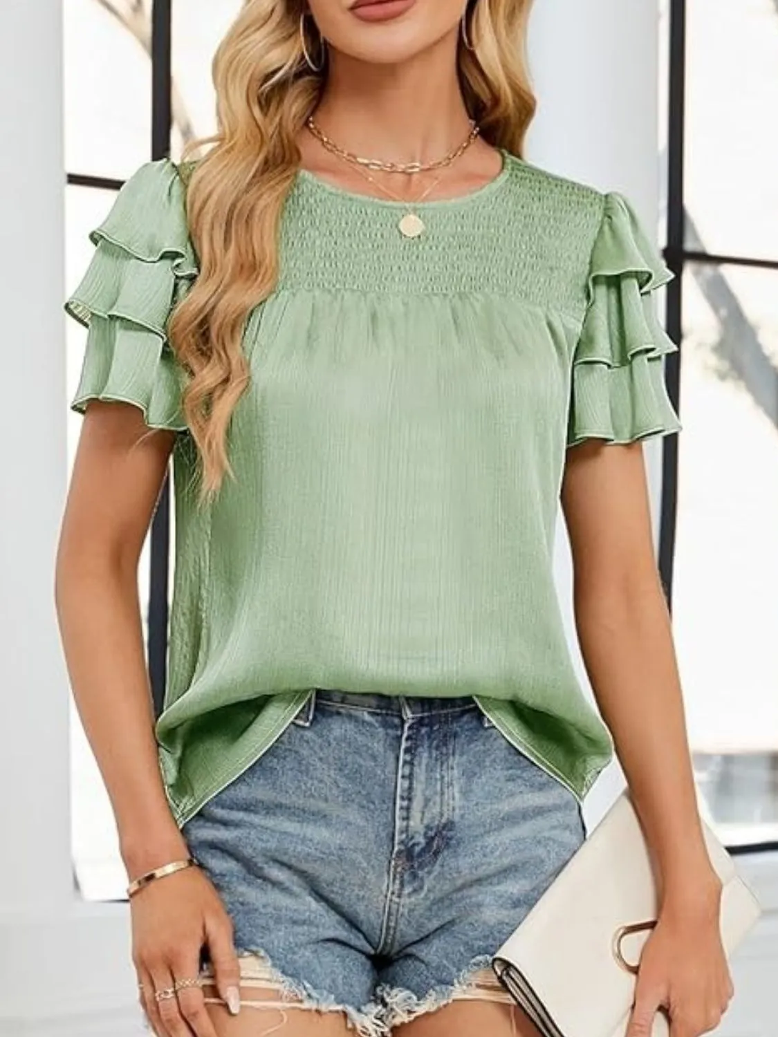 Smocked Round Neck Ruffled Layered Sleeve Blouse - Image 12