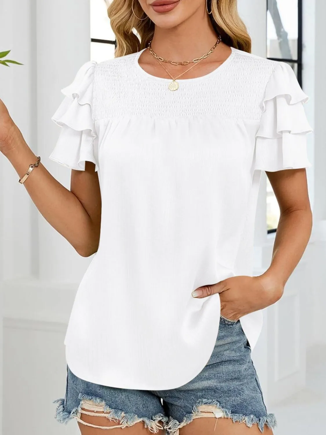 Smocked Round Neck Ruffled Layered Sleeve Blouse - Image 15