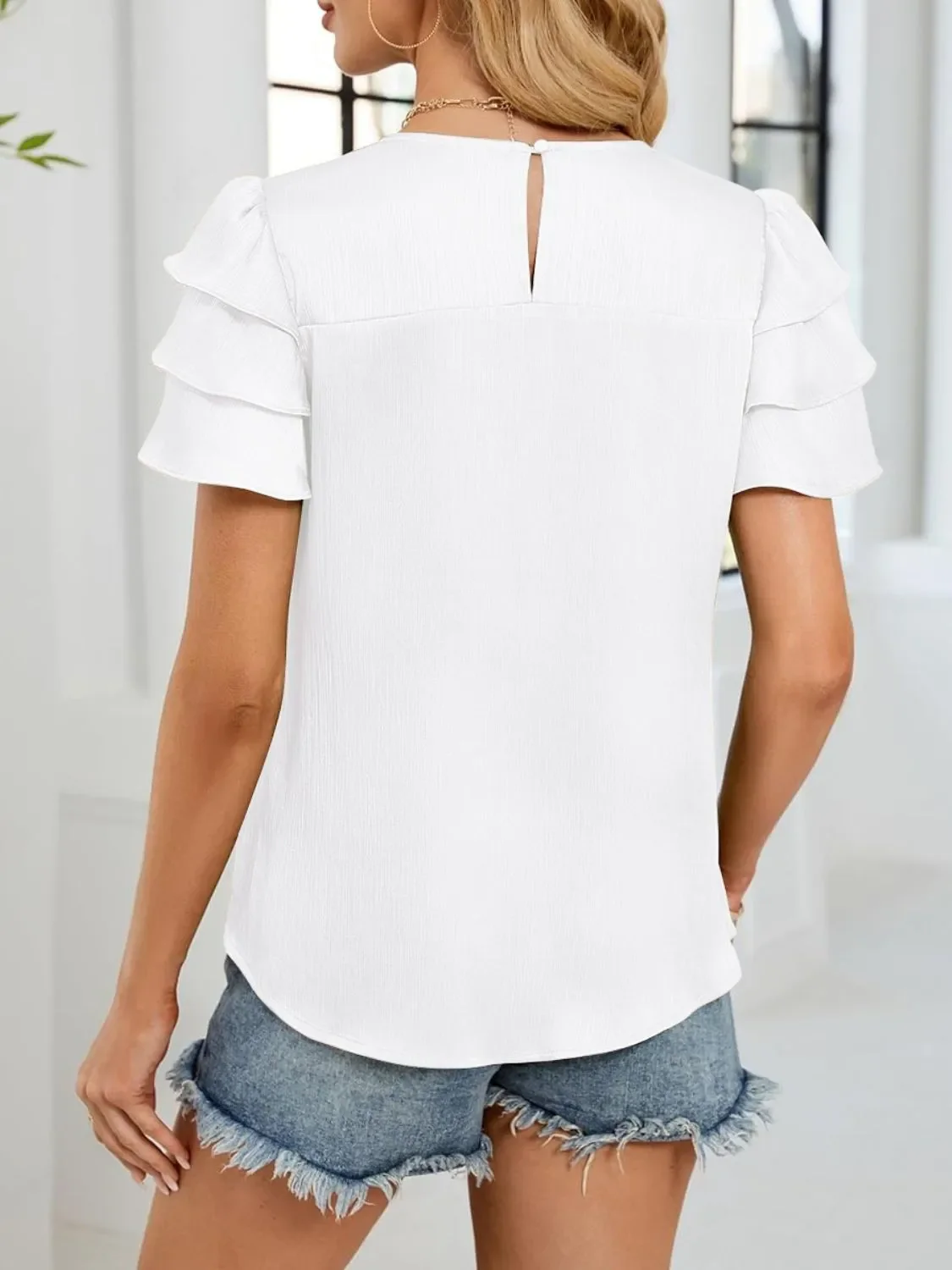 Smocked Round Neck Ruffled Layered Sleeve Blouse - Image 17