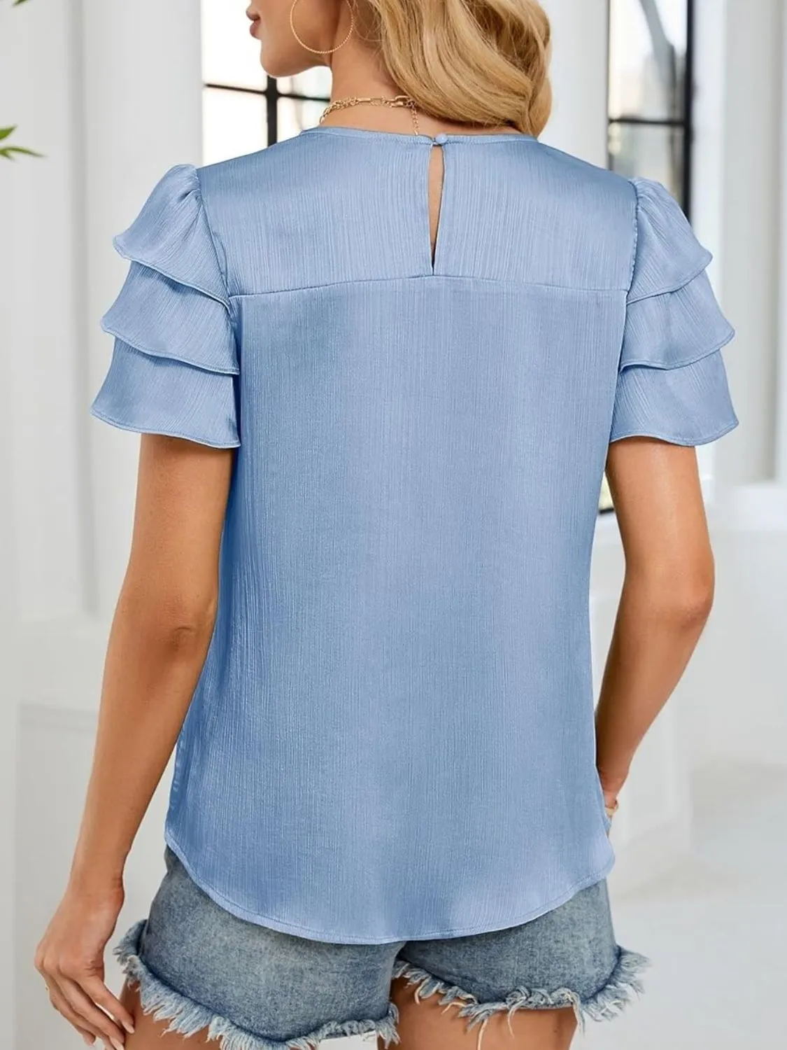 Smocked Round Neck Ruffled Layered Sleeve Blouse - Image 2