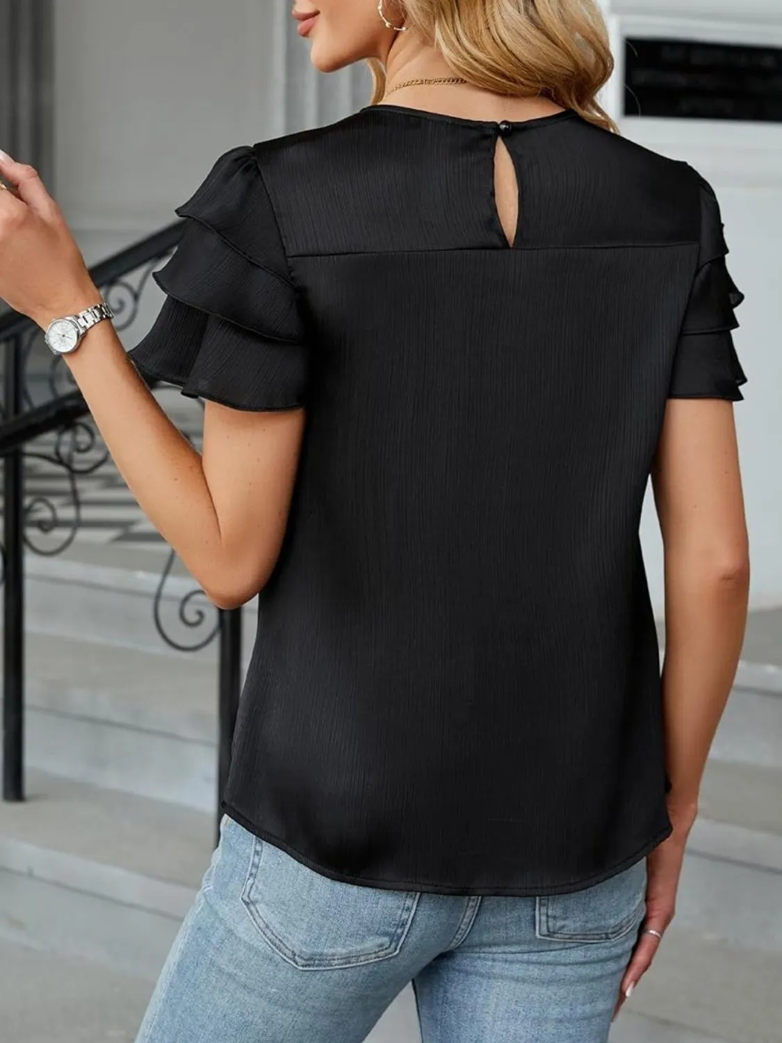 Smocked Round Neck Ruffled Layered Sleeve Blouse - Image 20