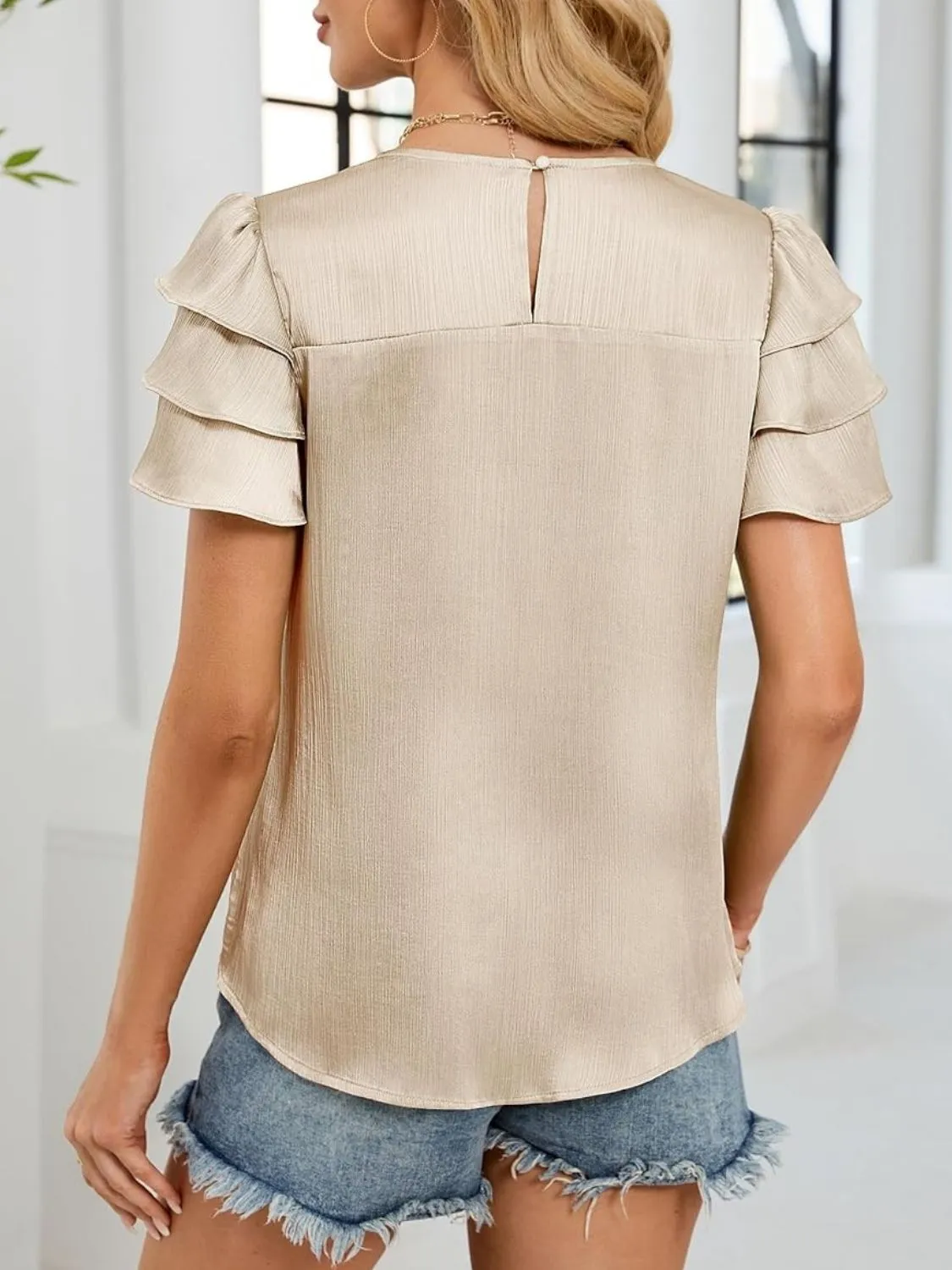 Smocked Round Neck Ruffled Layered Sleeve Blouse - Image 8