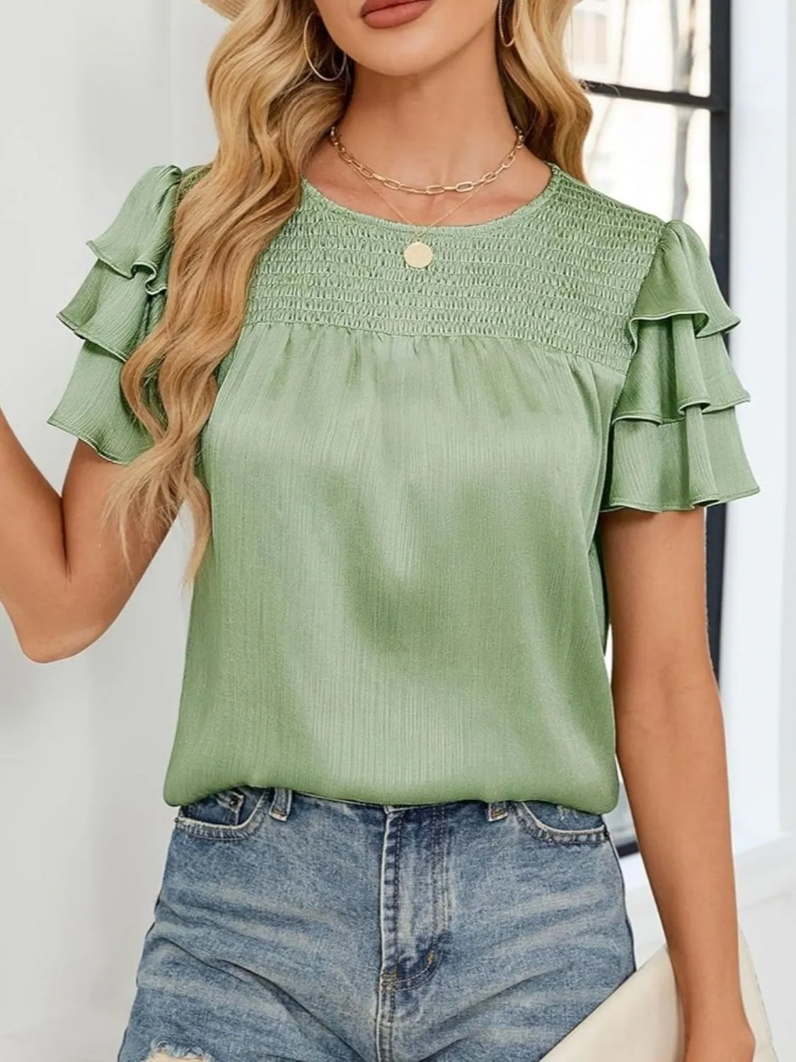 Smocked Round Neck Ruffled Layered Sleeve Blouse - Image 9
