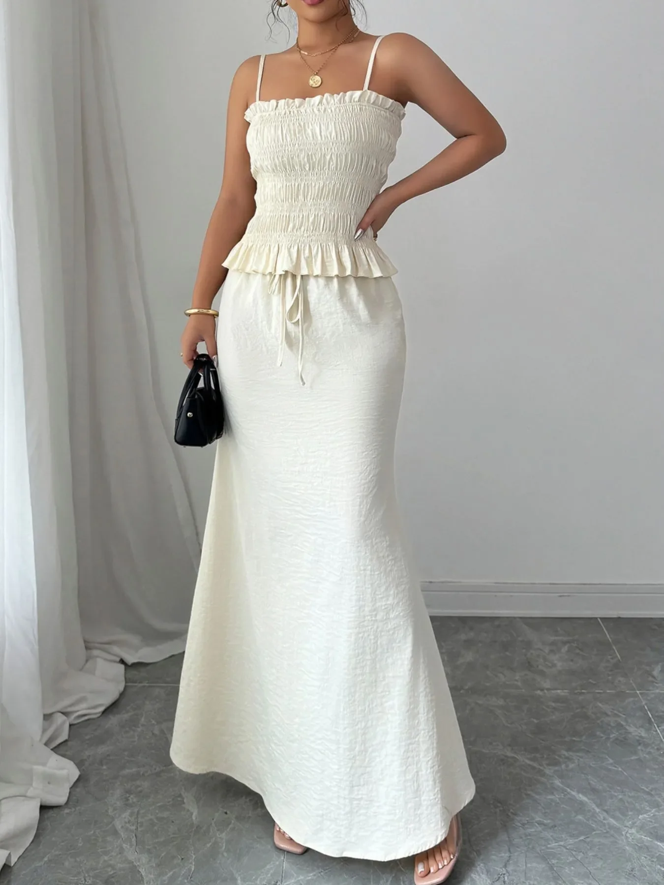Smocked Ruffled Hem Cami and Maxi Skirt Set