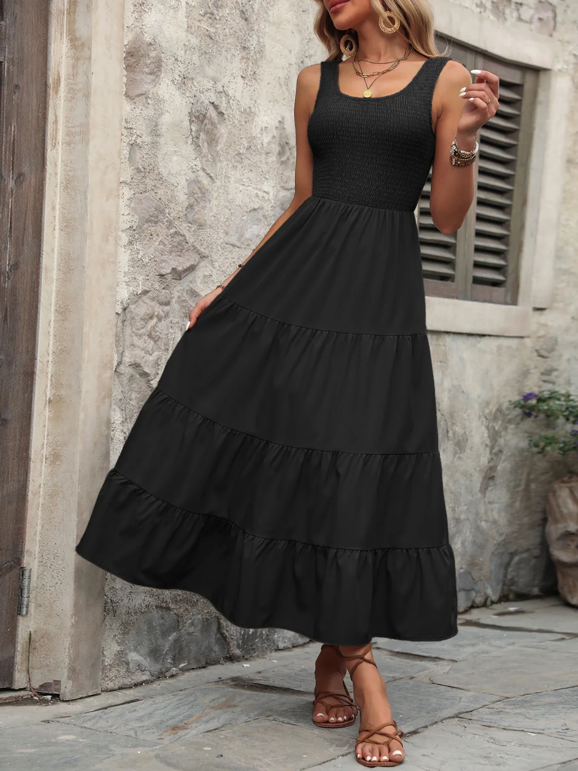 Smocked Scoop Neck Sleeveless Tank Dress - Image 19