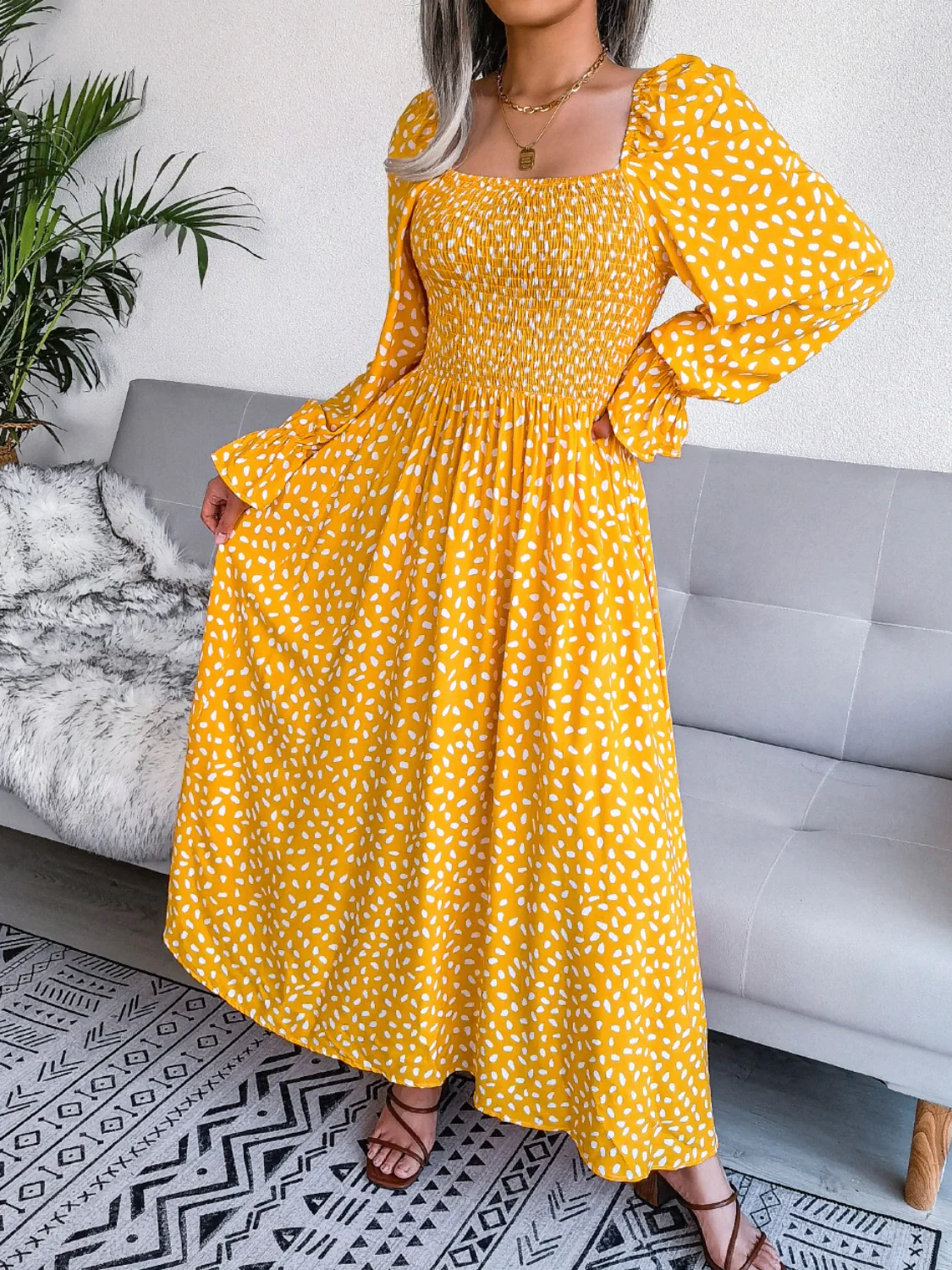 Smocked Square Neck Flounce Sleeve Dress - Image 2
