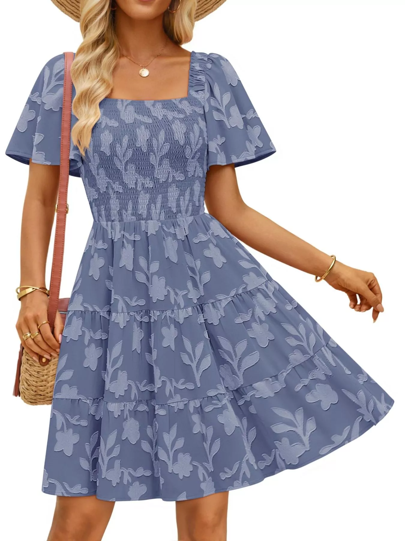 Smocked Square Neck Tiered Mini Dress - Image 22