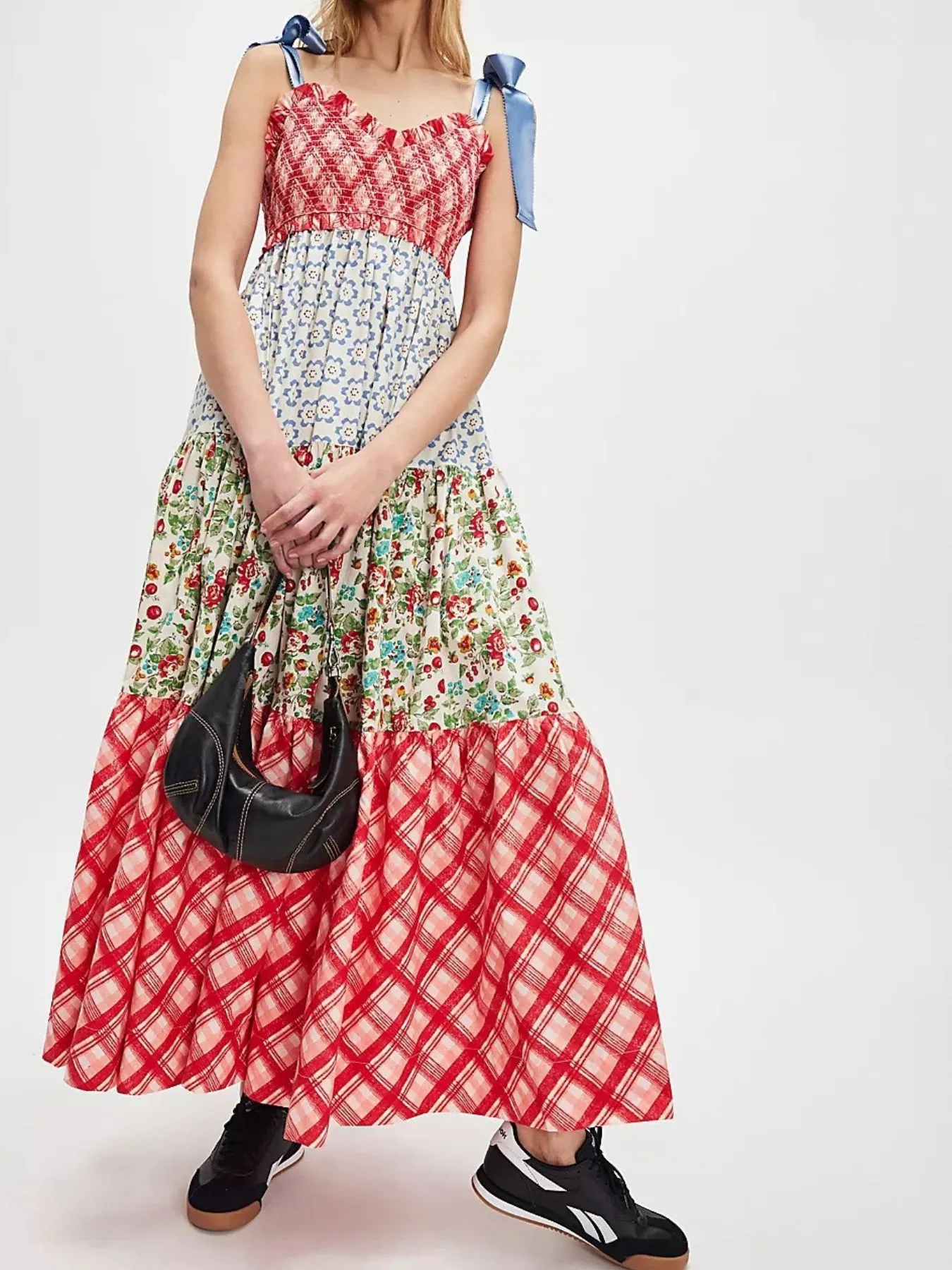 Smocked Tie Shoulder Printed Maxi Dress