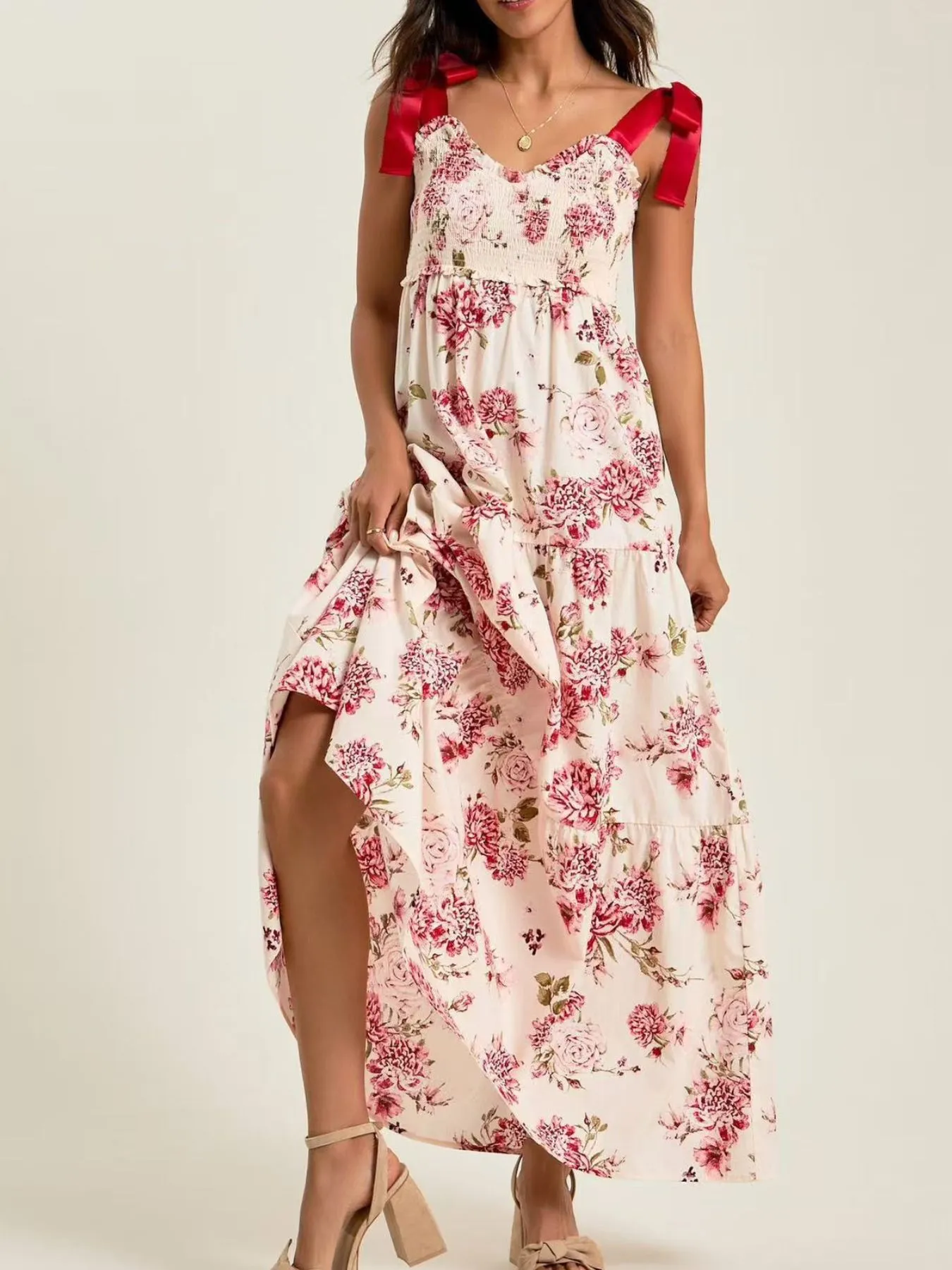 Smocked Tie Shoulder Printed Maxi Dress - Image 4