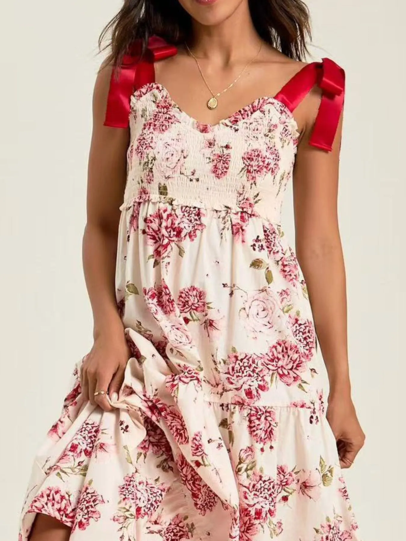 Smocked Tie Shoulder Printed Maxi Dress - Image 6