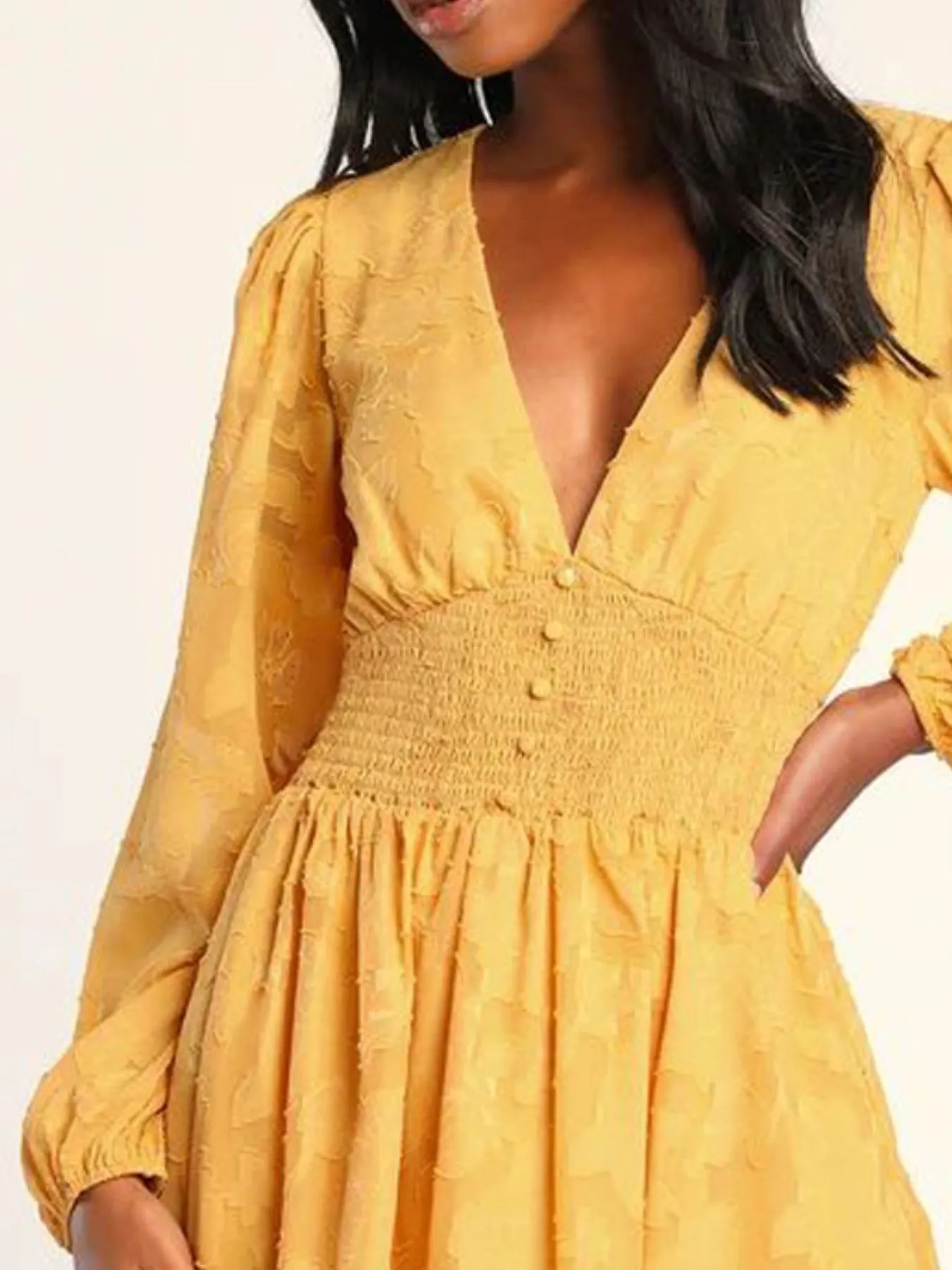 Smocked V-Neck Balloon Sleeve Dress - Image 11