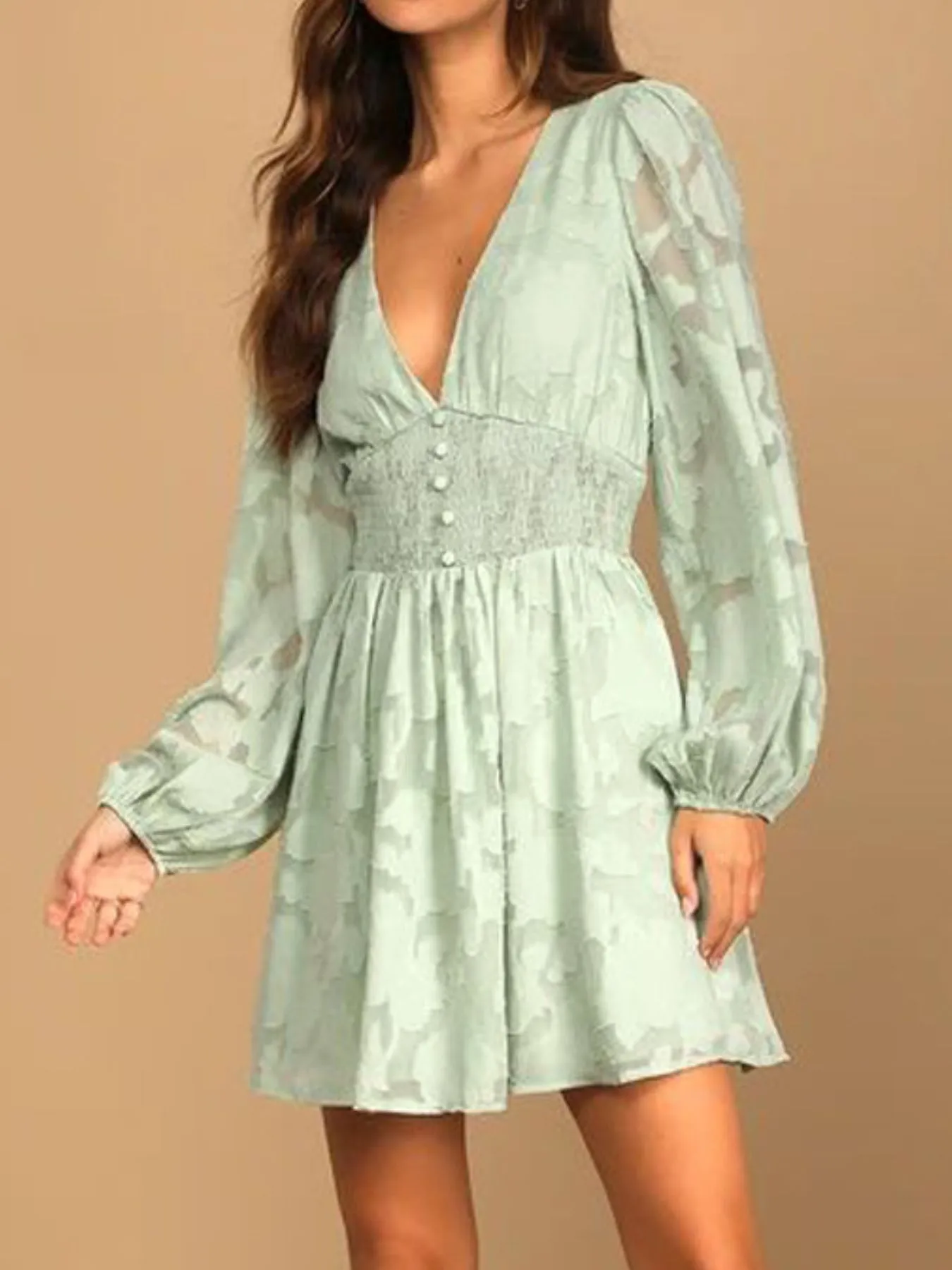 Smocked V-Neck Balloon Sleeve Dress - Image 4