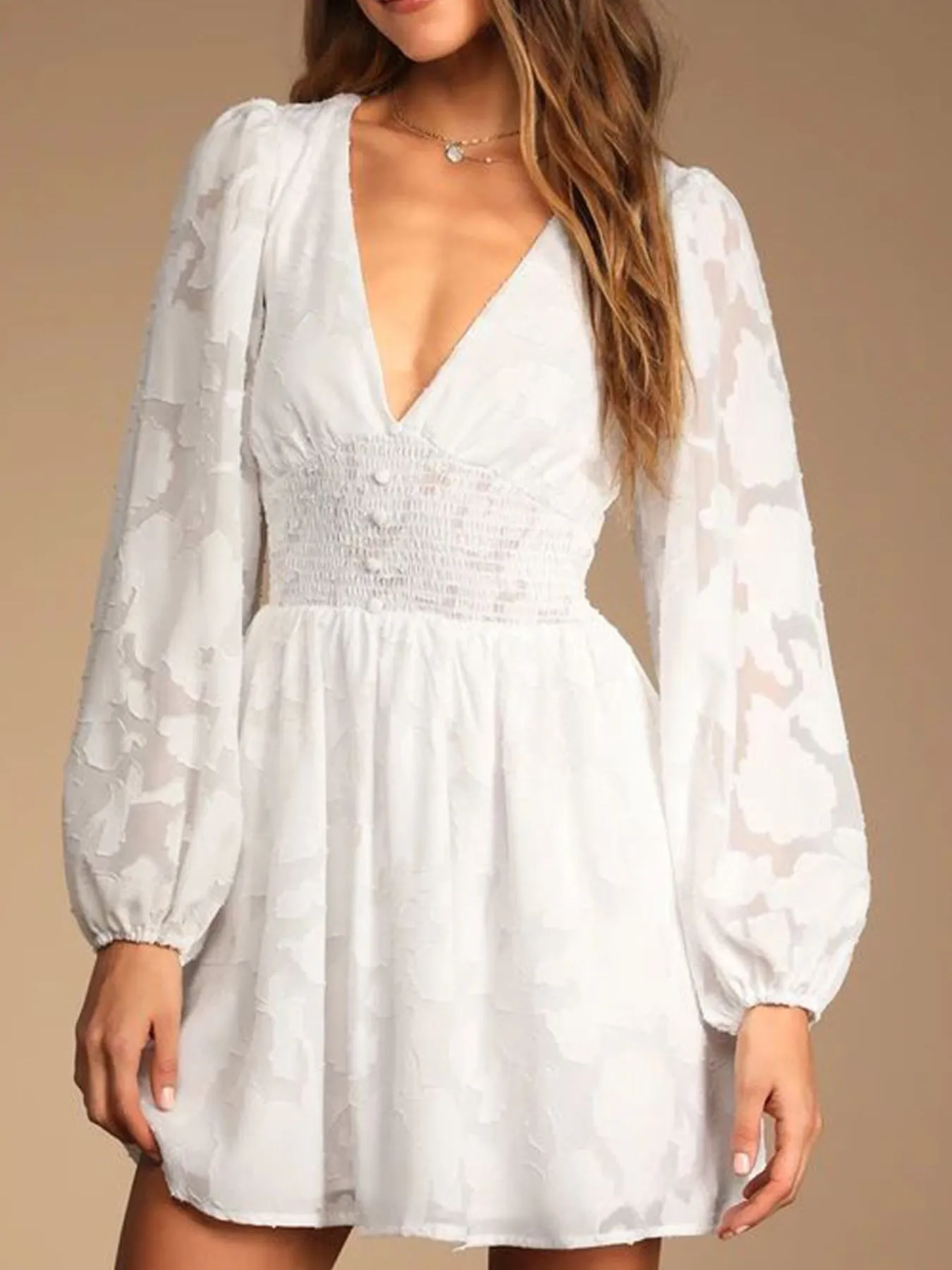 Smocked V-Neck Balloon Sleeve Dress - Image 5