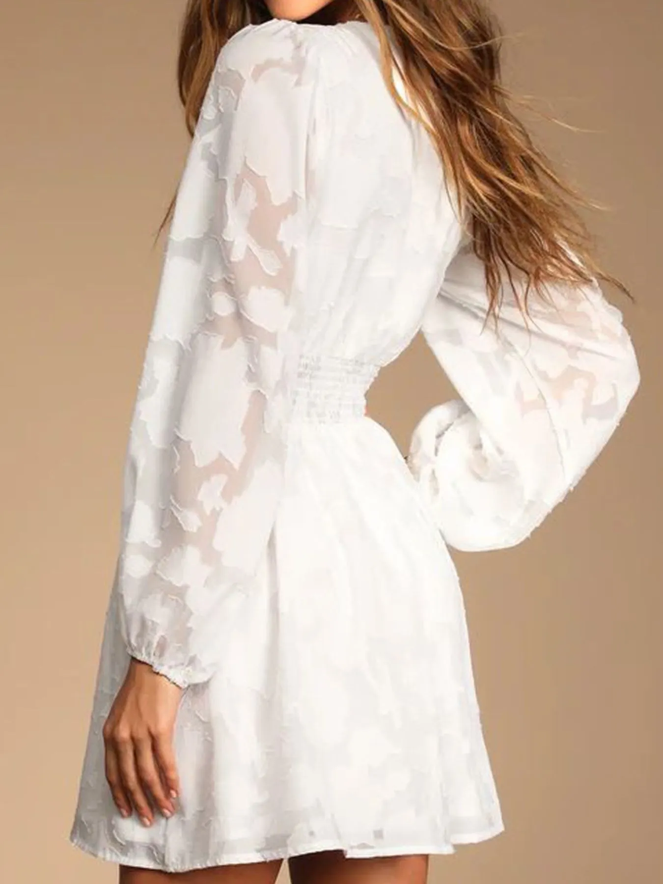 Smocked V-Neck Balloon Sleeve Dress - Image 7