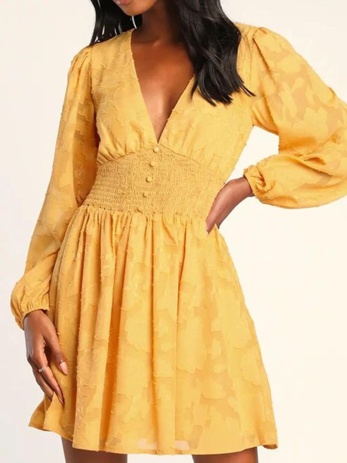Smocked V-Neck Balloon Sleeve Dress - Image 9