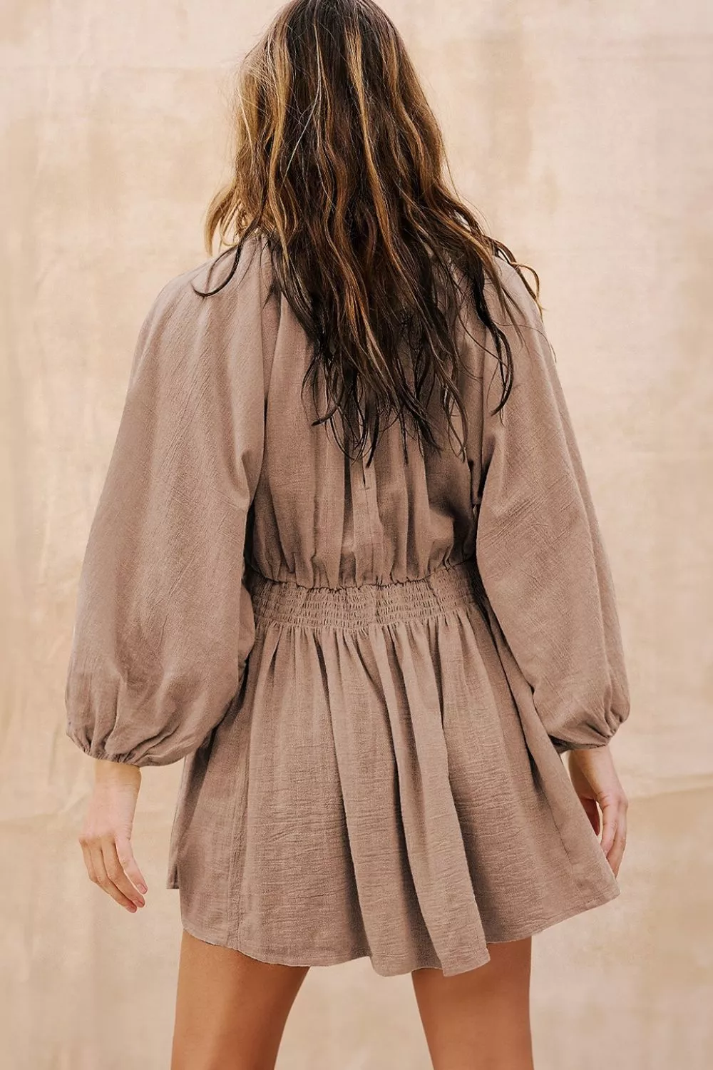 Smocked V-Neck Balloon Sleeve Dress - Image 2