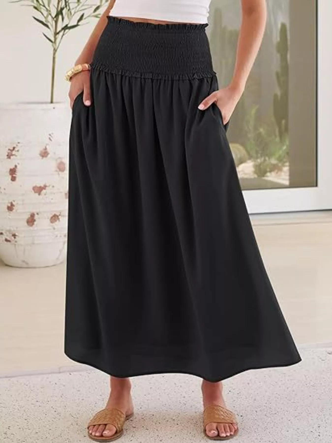 Smocked Waist Flowy Midi Skirt - Image 2