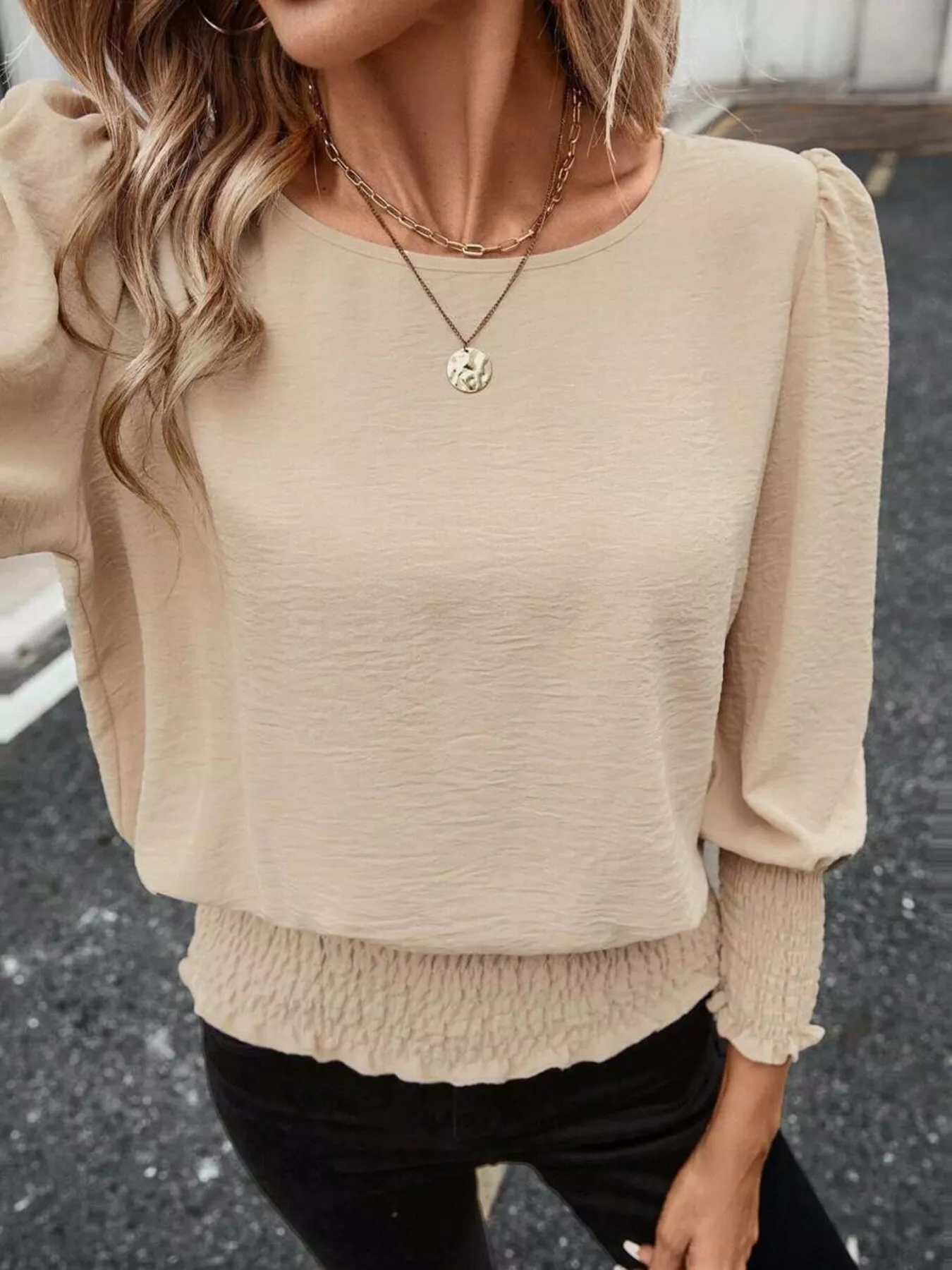 Smocked Waist Round Neck Blouse - Image 35