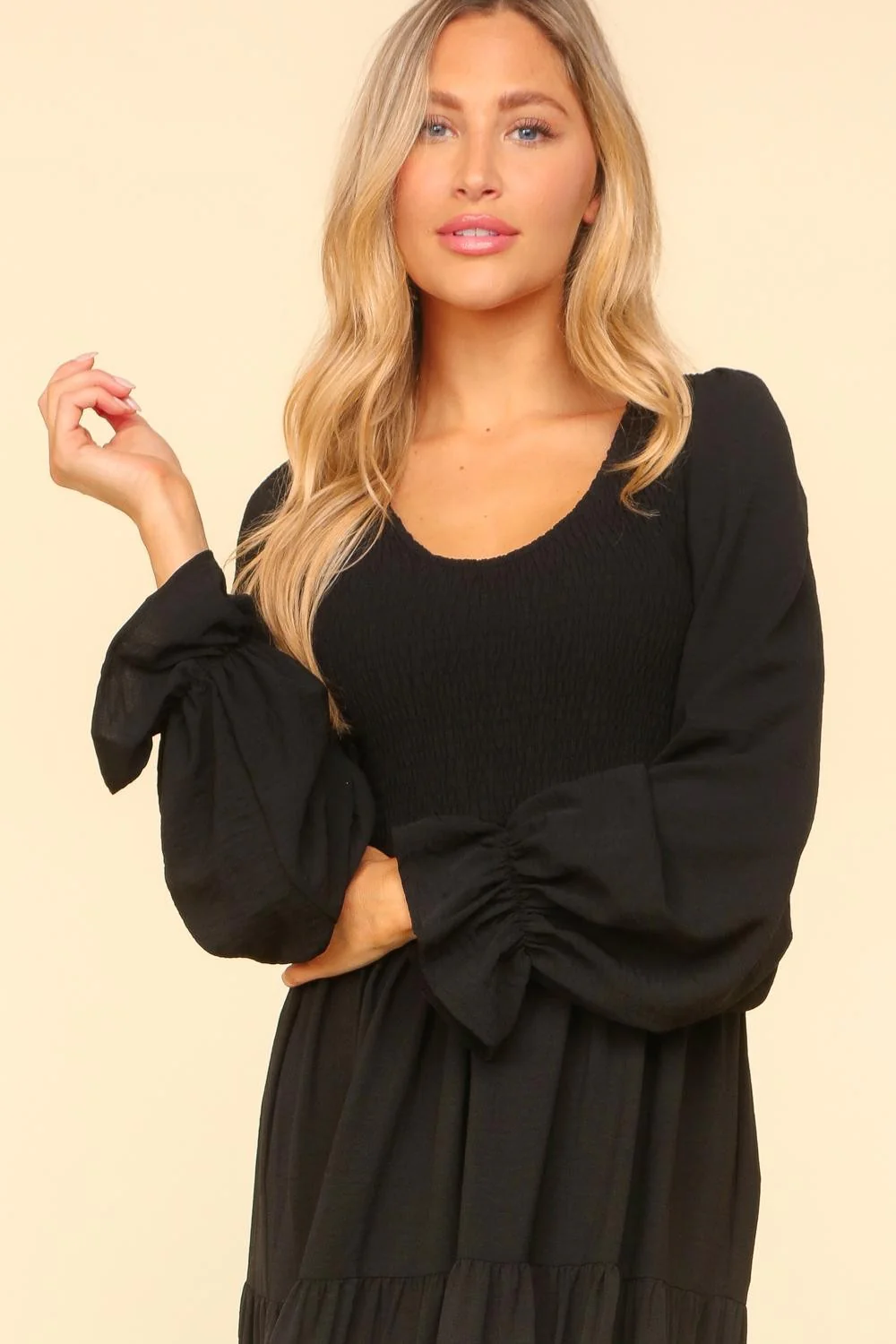 Smocking Maxi Woven Dress with Side Pockets in Black - Image 3