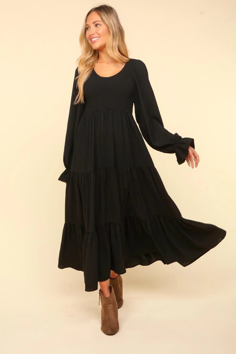 Smocking Maxi Woven Dress with Side Pockets in Black - Image 4