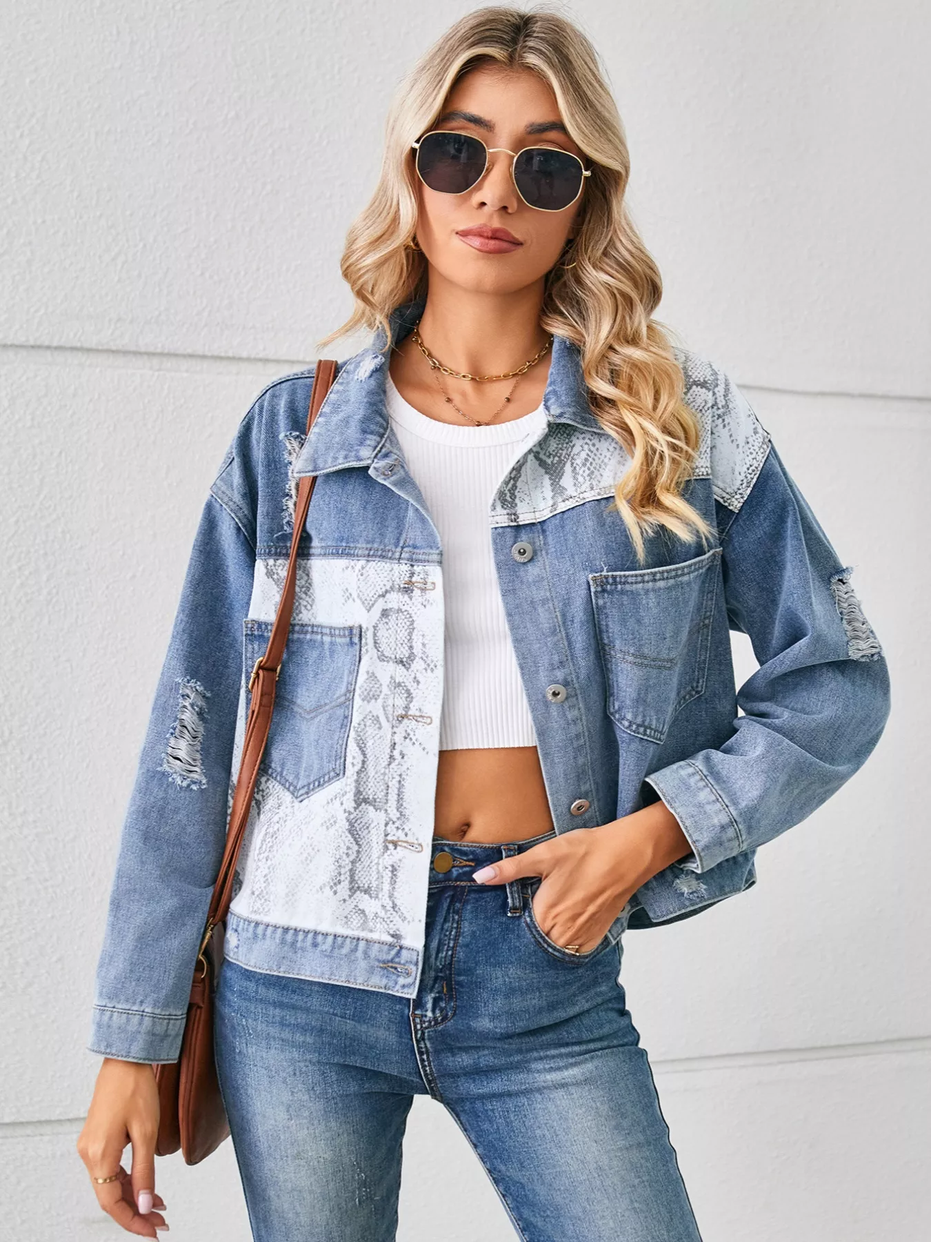 Snake Print Button Up Denim Jacket - Image 4