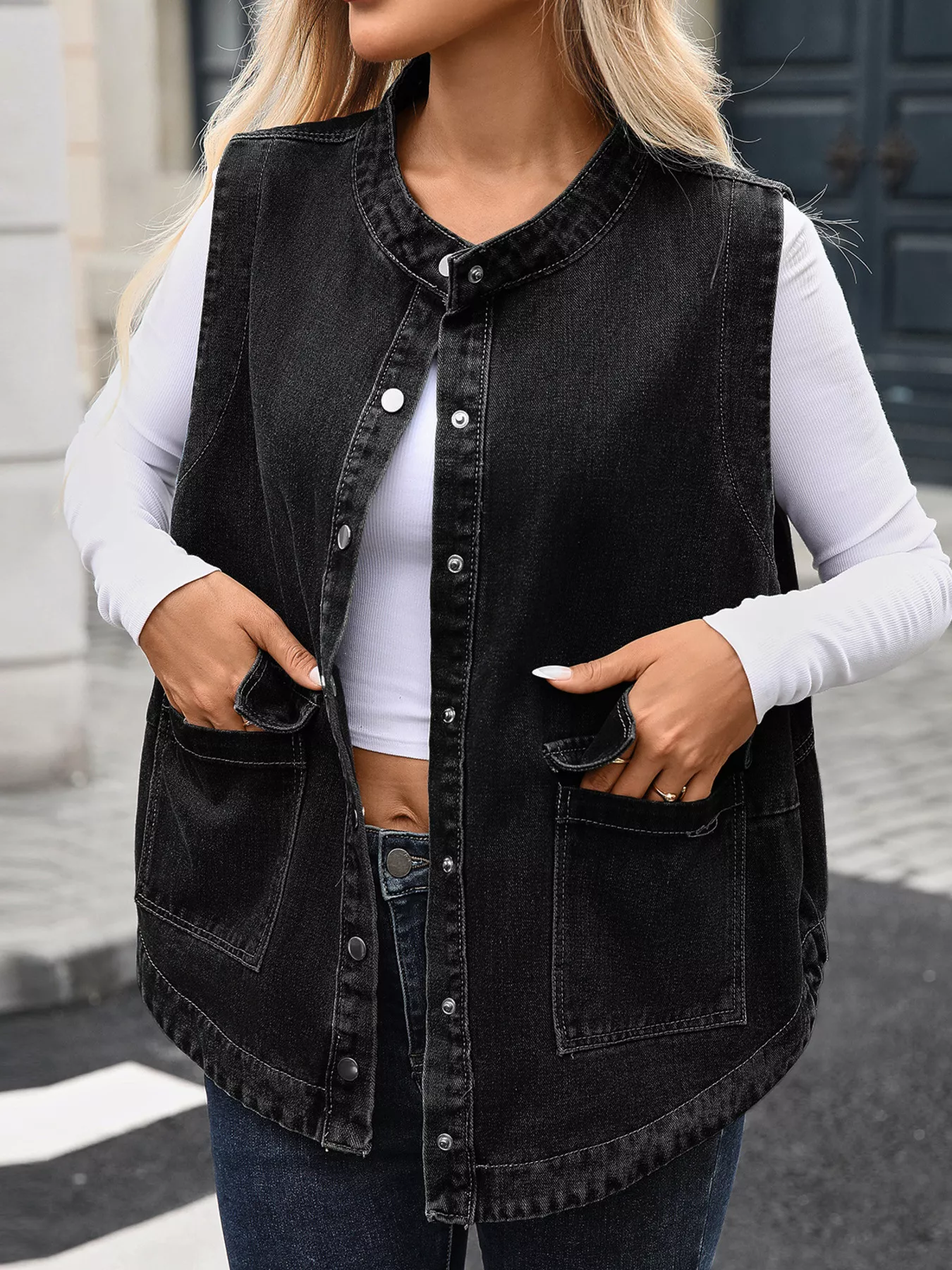 Snap Down Sleeveless Denim Jacket - Image 4