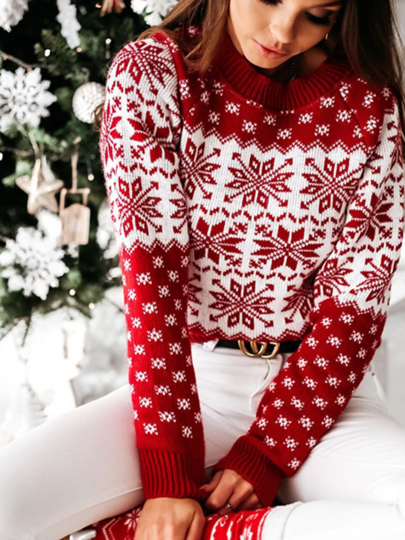 Snowflake Pattern Long Sleeve Sweater - Image 3