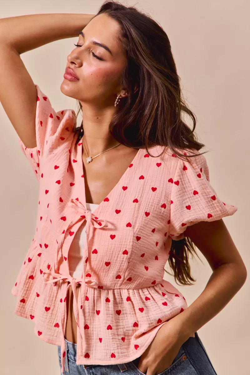 SO ME All Over Heart Ribbon Tie Baby Doll Valentine Blouse - Image 8